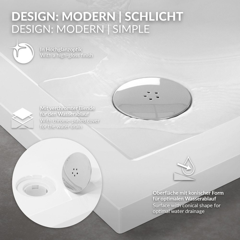 LuxeBath Duschwanne Brausetasse mit Ablaufgarnitur, Duschtasse Komplett Set Hochglanzoptik, Rund, Brausewanne 80x80 cm rund Weiß aus SMC mit Siphon