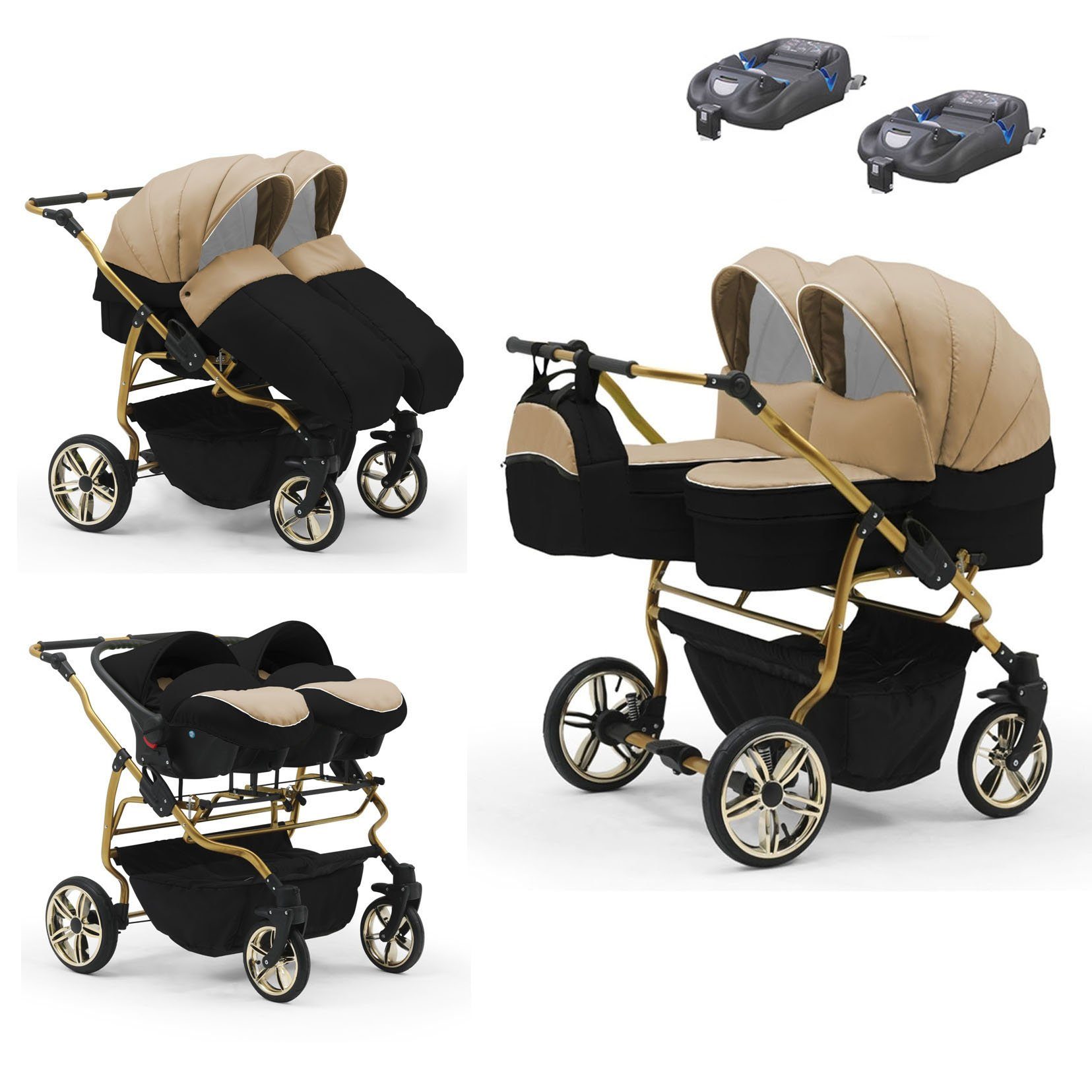 babies-on-wheels Zwillingswagen Zwillingswagen Duet Lux Gold 4 in 1 - 15 Teile - in 33 Farben Cappu-Schwarz
