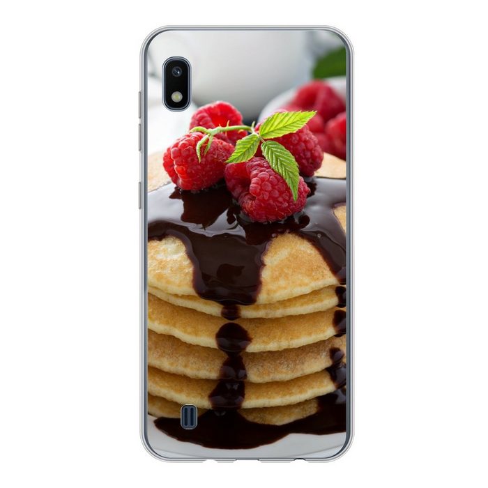 MuchoWow Handyhülle Die Schokoladensauce fließt von den Pfannkuchen Handyhülle Samsung Galaxy A10 Smartphone-Bumper Print Handy