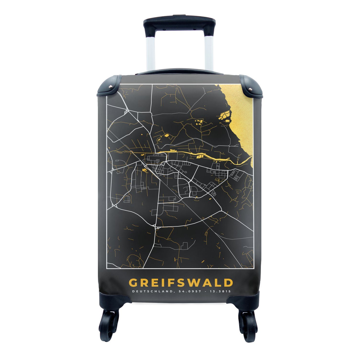 rollen, - Deutschland Reisetasche Schwarz Gold Stadtplan - - Greifswald Trolley, Handgepäckkoffer mit Karte, Reisekoffer - und Rollen, MuchoWow Handgepäck 4 Ferien, für