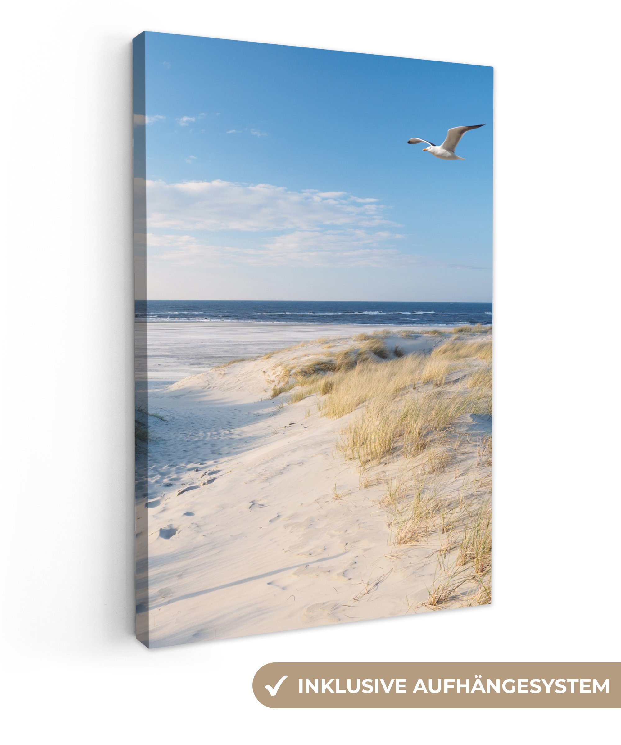 OneMillionCanvasses® Leinwandbild Düne - Möwe - Strand - Meer - Sonne, Fotodruck (1 St), Leinwand Canvas Wandbild, Wanddekoration 20x30 cm