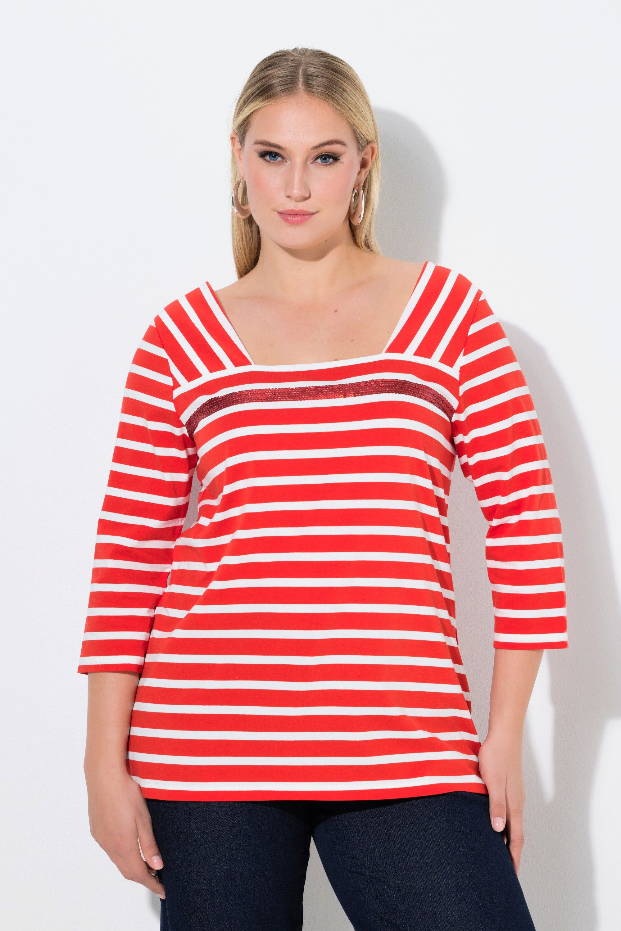 Longsleeve Shirt Ringel Pailletten Carrée-Ausschnitt 3/4-Arm
