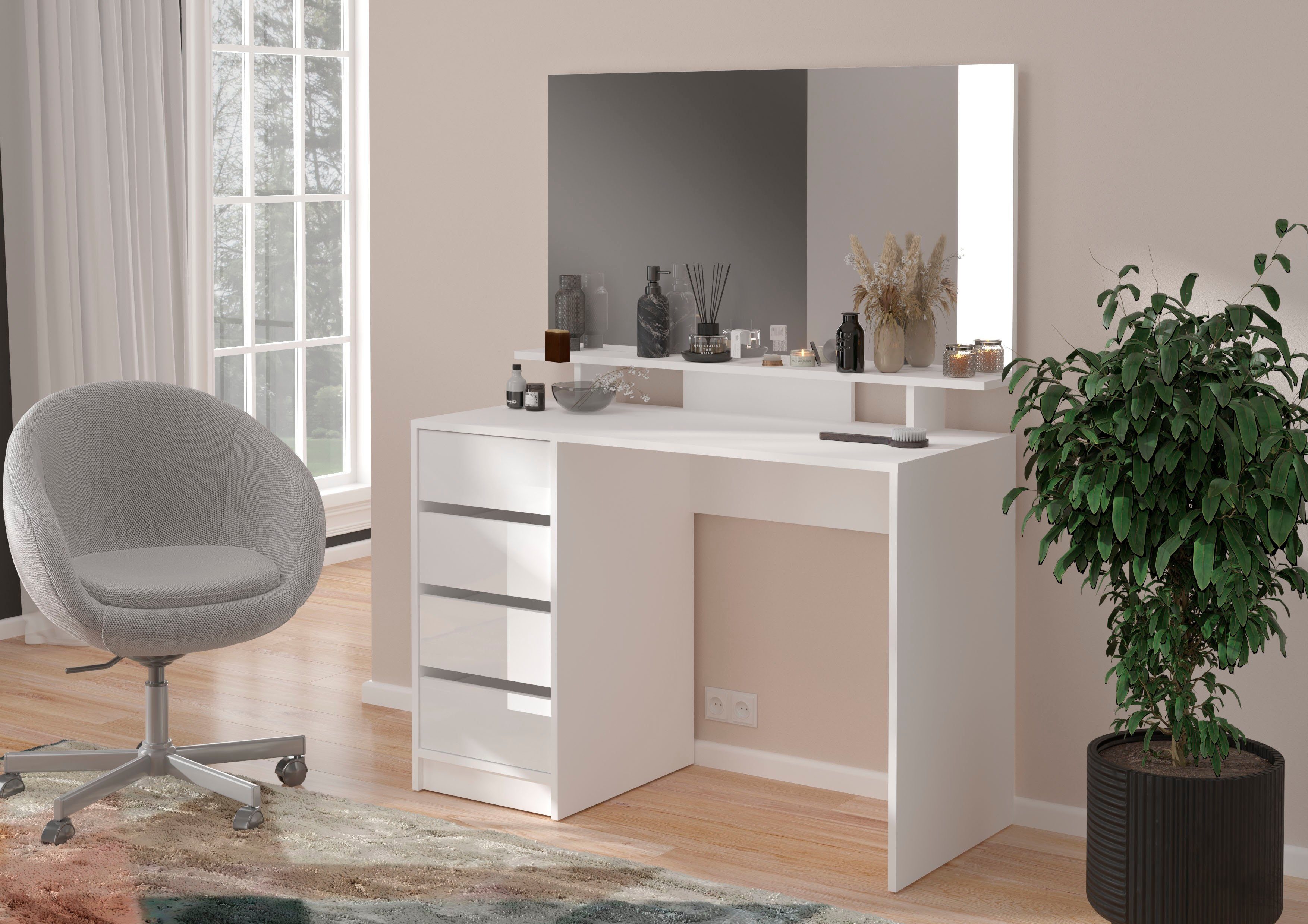 Home affaire Schreibtisch Pisa, Breite 110 cm, 4 Schubkästen, hochglanz Schubkastenfront, grifflose Optik, individuell einsetzbar, Schminktisch, Homeoffice