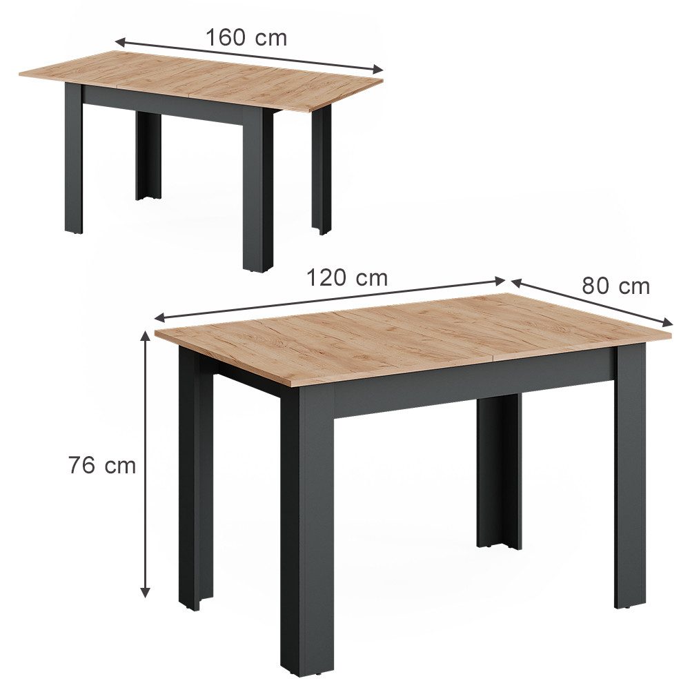 Vicco Esstisch Repose, Anthrazit/Goldkraft Eiche, 160 x 80 cm ausziehbar günstig online kaufen