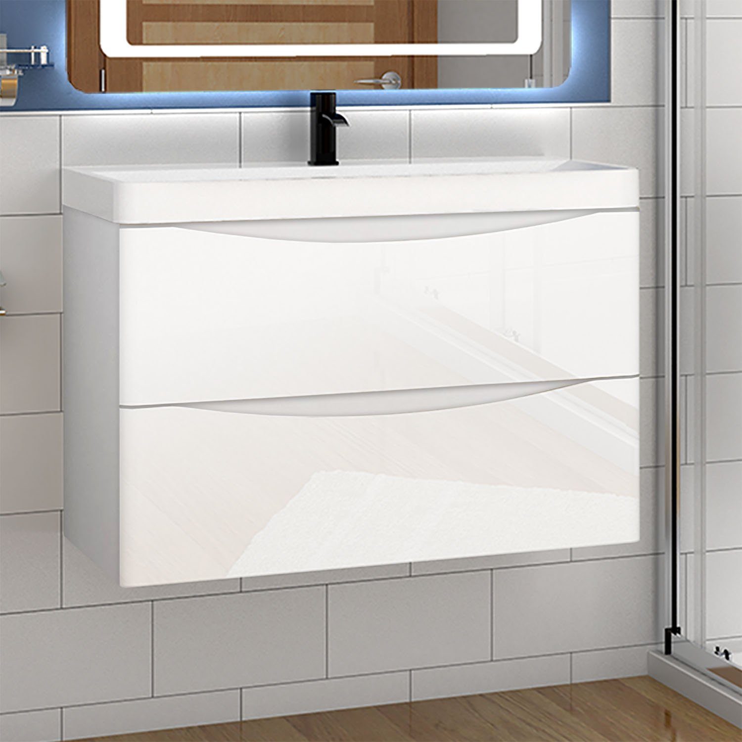 duschspa Waschtisch 50/60/80/100/120 cm Waschbecken mit Unterschrank (Smiley), Hochglanz Weiß/Dunklegrau – Bild 4 von 5