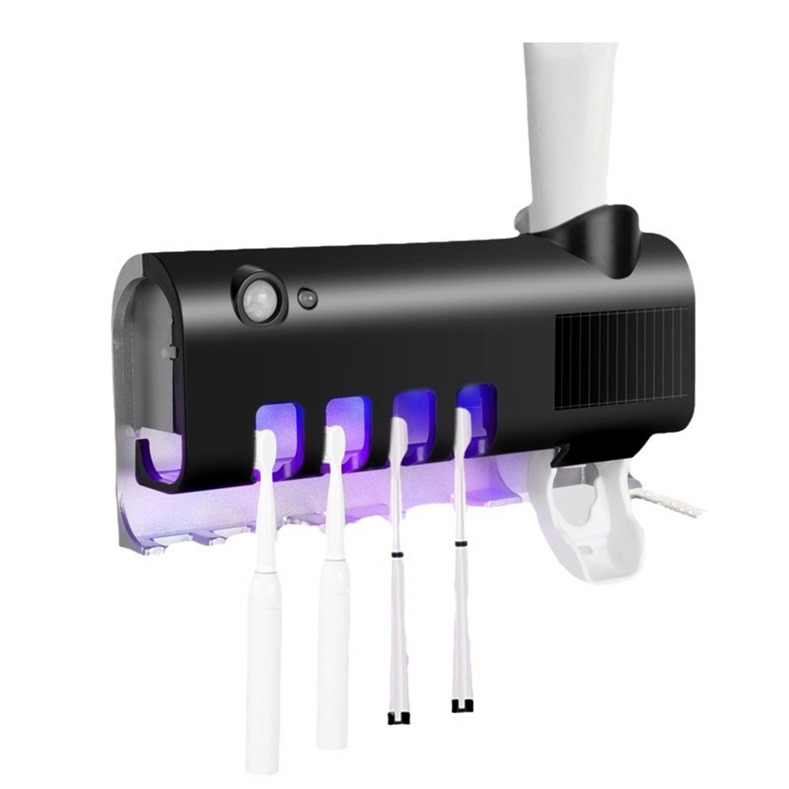 MOPUEA UV-Zahnbürstenhalter Zahnbürstenhalter mit Automatischem Zahnpastaspender UV-Sterilisation, UV-Zahnbürstenhalter mit Sterilisator und Zahnputz-Quetscher, UV-Desinfektion, Solar- &USB-Ladung, Bewegungssensor, einfache Montage, 99,99% Bakterienabtötung, kabellos, feuchtigkeitsbeständig