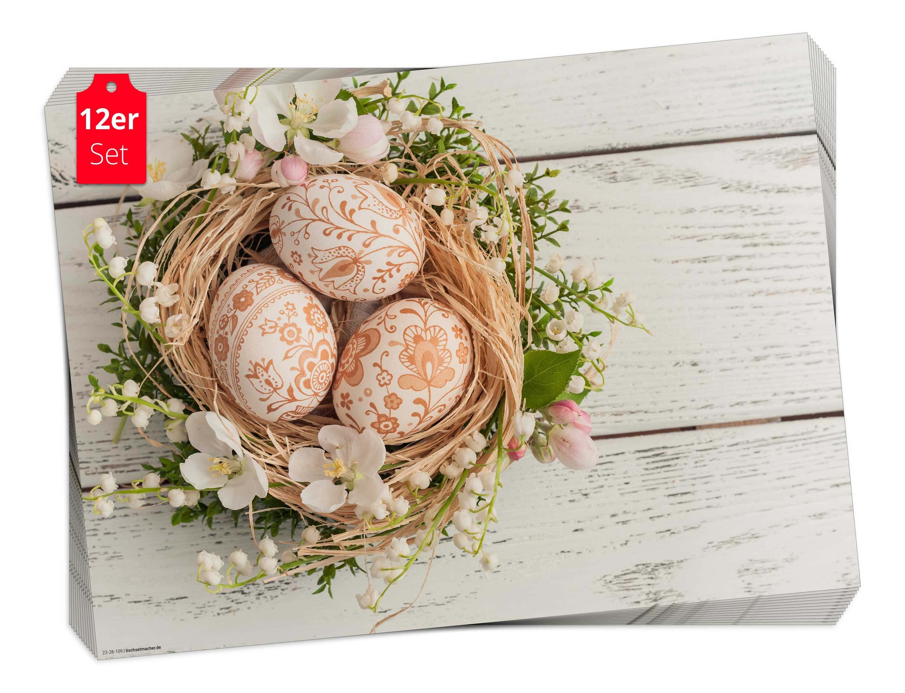 Tischsetmacher Platzset Tischset Frühling, Ostern & Blumen - Osternest mit bunten Ostereiern, (aus Naturpapier in Aufbewahrungsmappe, 12-St., 44 x 32 cm / orange-weiß), Made in Germany