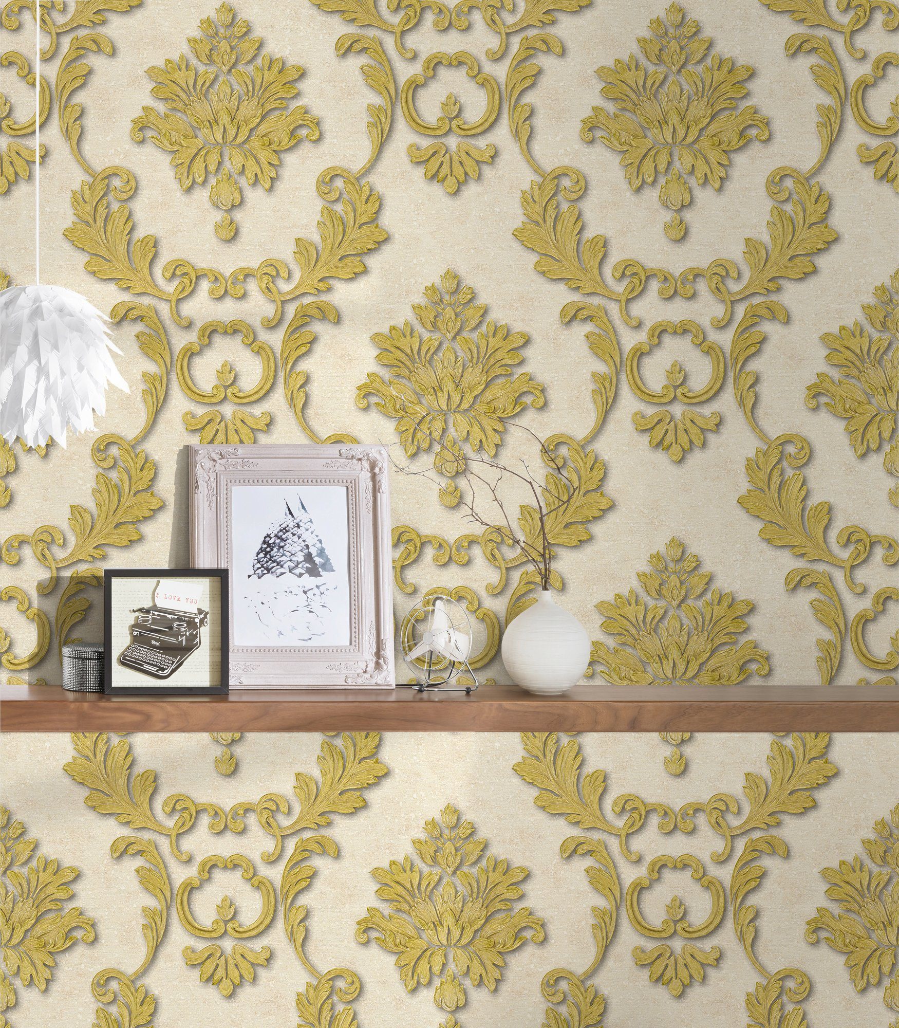 Metallic wallpaper, Vliestapete Effekt Création Paper Luxury creme/gold Barock, Textil Barock Tapete A.S. Architects
