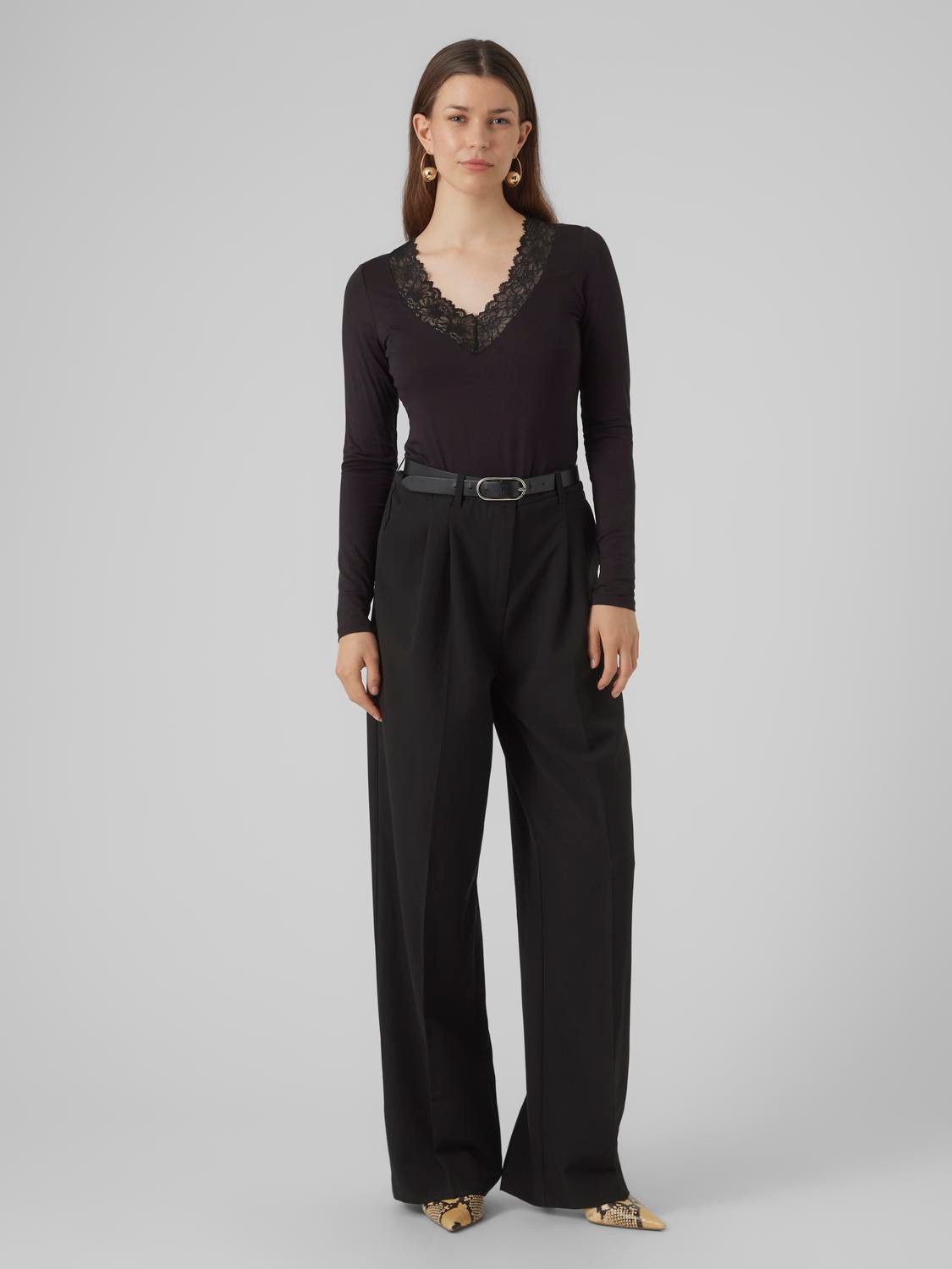 Vero Moda V-Shirt VMROSA LS V-NECK LACE TOP GA JRS NOOS