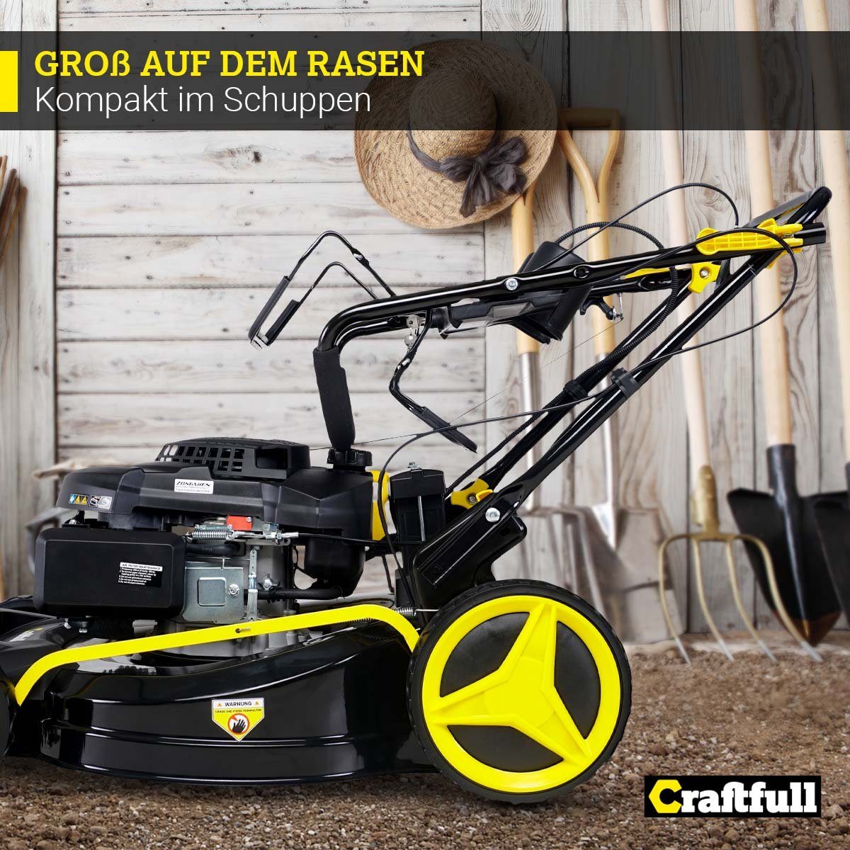 Craftfull Benzinrasenmäher 5in1 CR-196-10E Rasenmäher mit Benzin und Elektrostarter, 53 cm Schnittbreite, (Benzin Rasenmäher, Rasenmäher mit Fangkorb, Rasenmäher mit Selbstantrieb, Schnitthöhe in 8 Stufen verstellbar - Euro-5-Norm - Rasenkamm), 4,4kW - GT-Leichtlaufgetriebe - Easy Clean Funktion - 62l Fangsack
