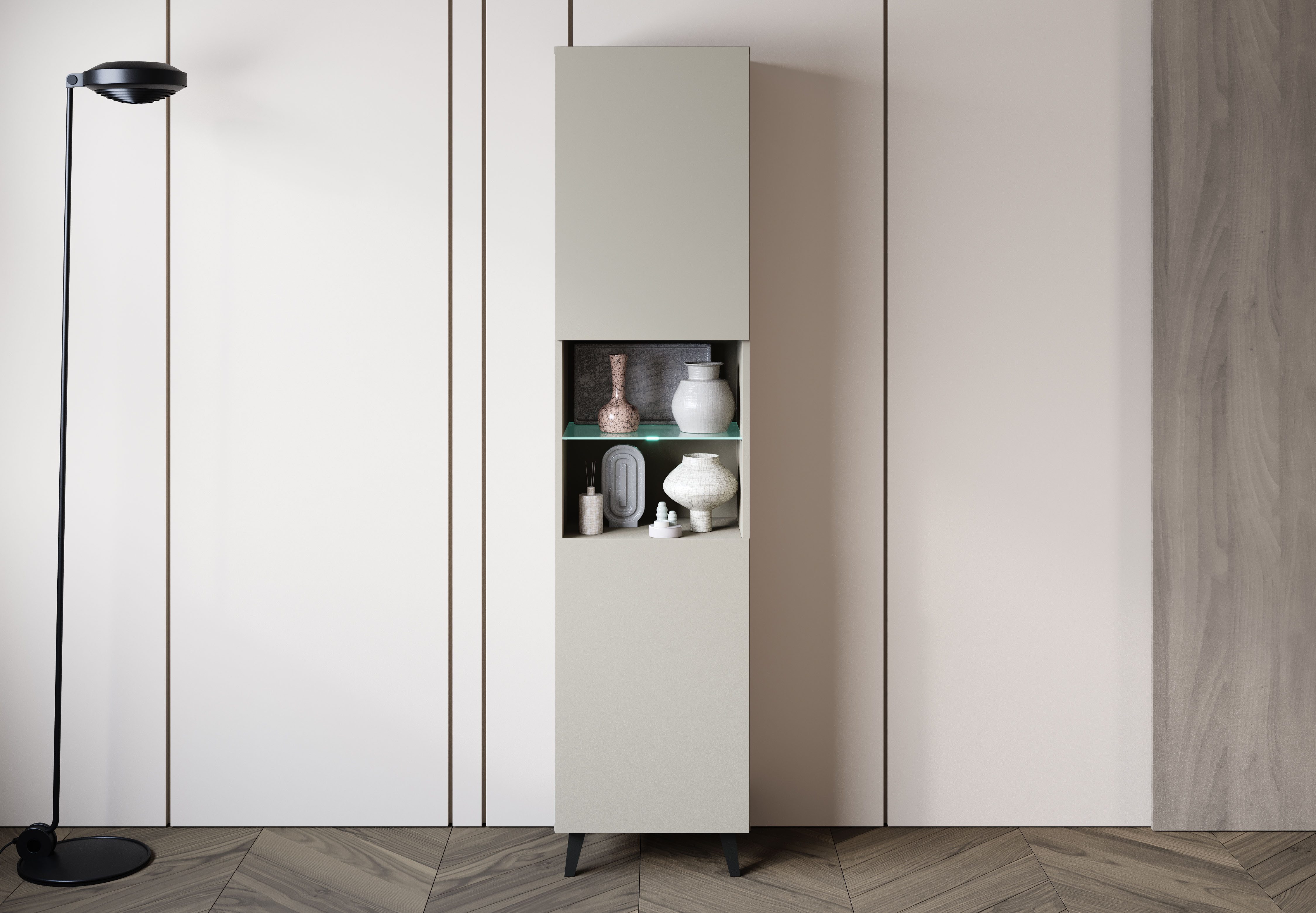 Home affaire Vitrine Phuket, Moderner Wohnschrank mit LED-Beleuchtung und Glasboden (1-St) Verstellbare Einlegeböden für flexible Aufbewahrung