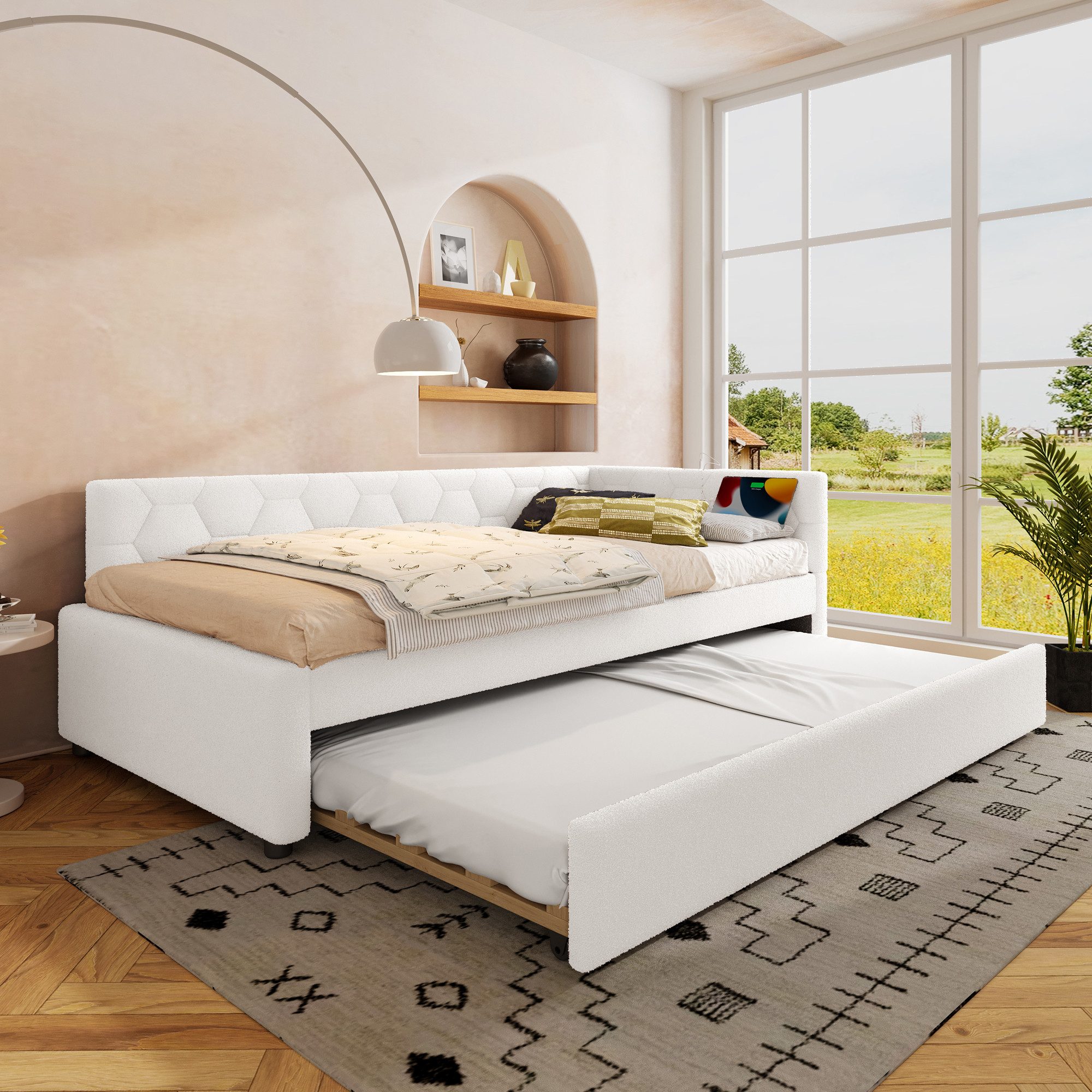 Odikalo Ausziehbett Daybett Polsterbett Tagesbett Schlafsofa mit USB 90/140x200 Weiß/Rosa