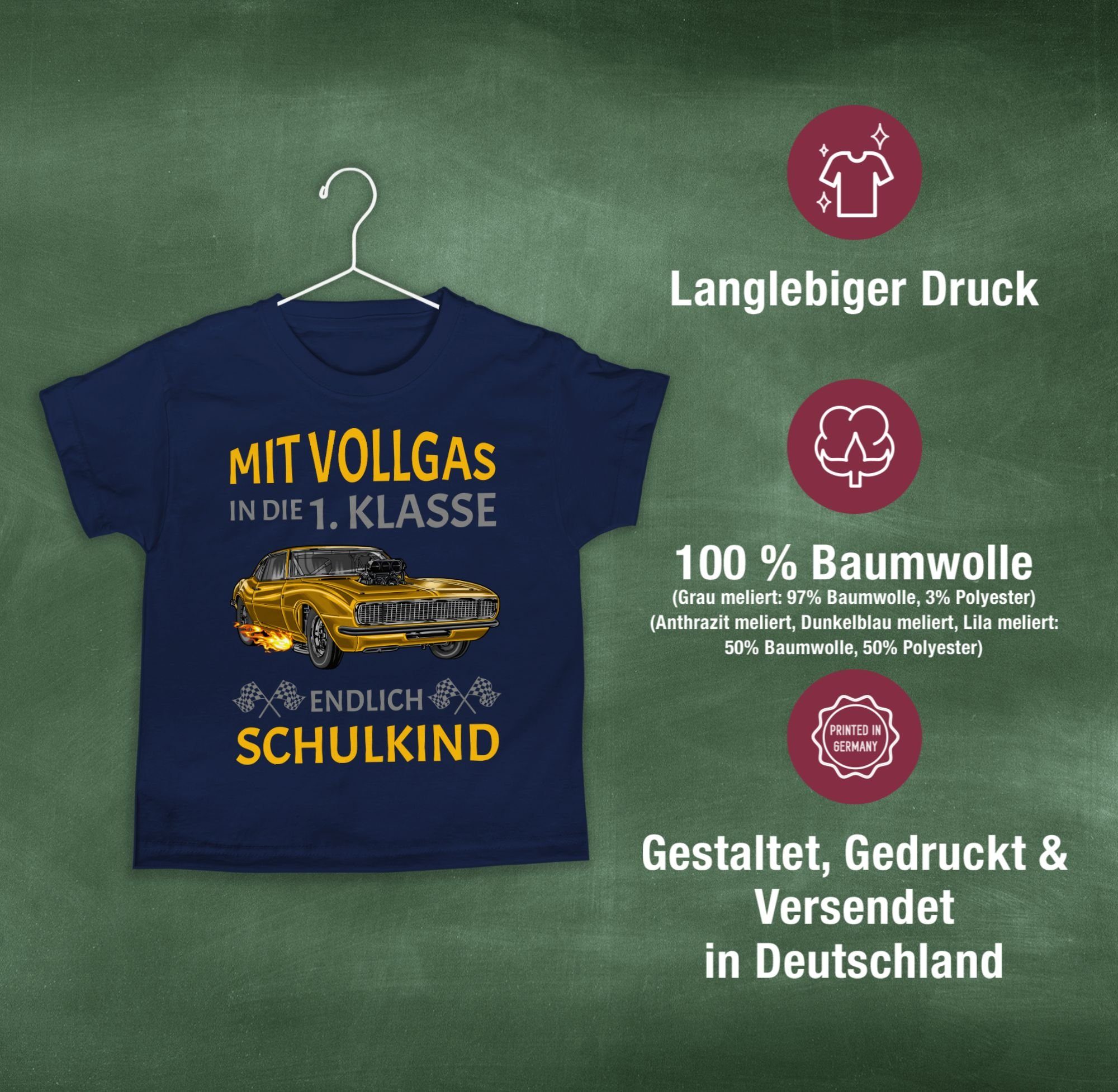 Schulanfang Rennauto Klasse die Geschenke 1. Schulkind 1 Navy Auto in Vollgas T-Shirt Einschulung Endlich - Blau Mit Junge Shirtracer