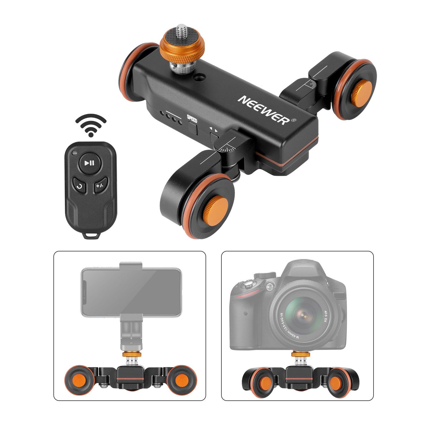 Neewer Motor-Stativkopf DL100 3 Räder Drahtloser Videokamera Stativ Dolly mit Fernbedienung, 3 Gang Motorisierte Elektrische Schiene Dolly Auto