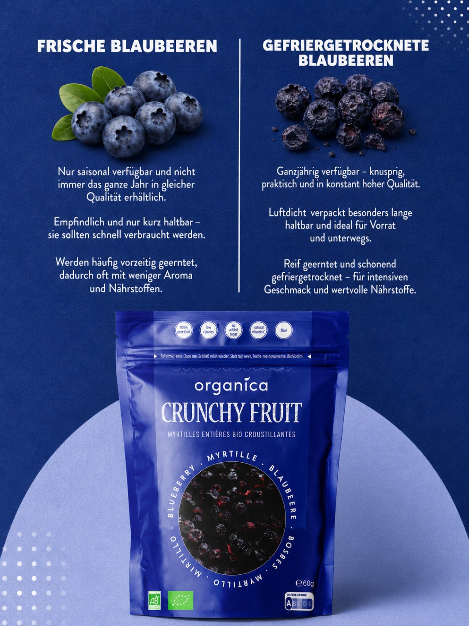 Organica Trockenfrüchte Gefriergetrocknete Bio-Blaubeeren, Getrocknete Heidelbeeren, 1 x, Bio-zertifiziert, 100 % Frucht, Ohne Zuckerzusatz, Nutri-Score A – Bild 4 von 5