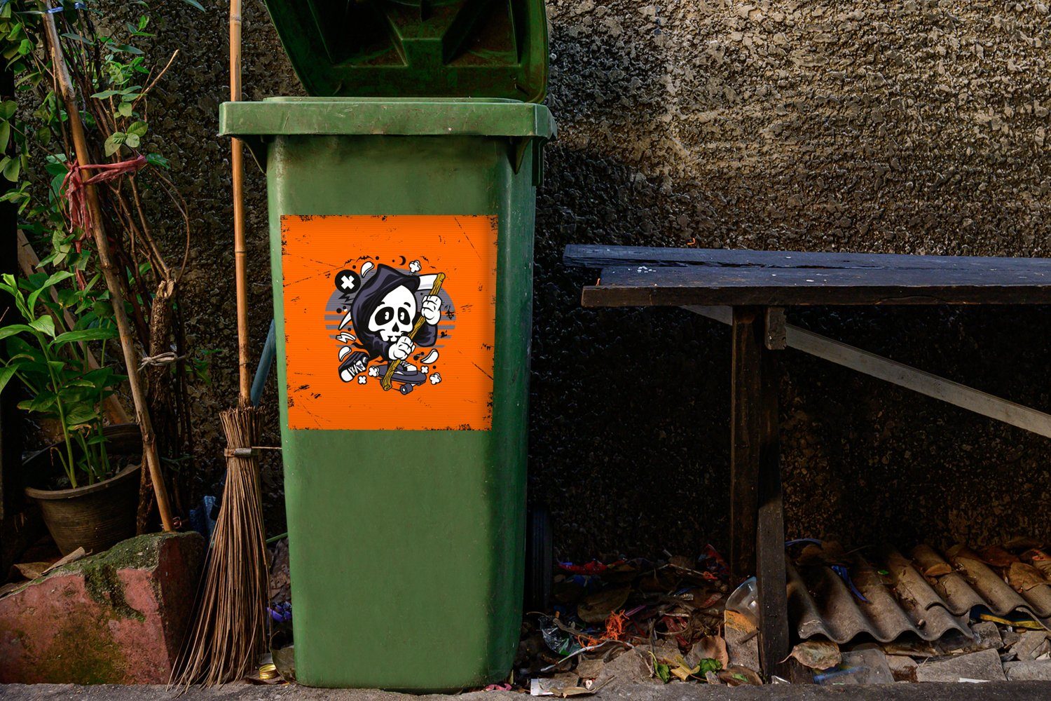 Sticker, Wandsticker Mülleimer-aufkleber, (1 - Skelett Jahrgang Skateboard Abfalbehälter Mülltonne, MuchoWow Container, St), -