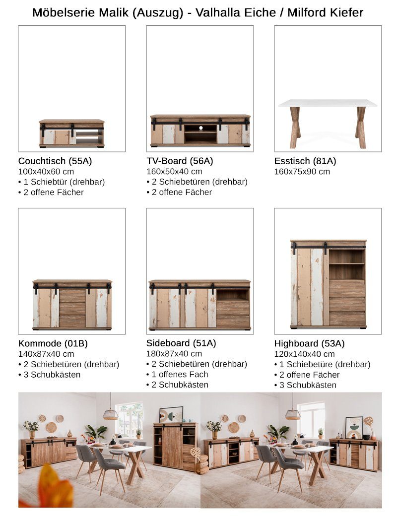 cm mit Milford Kiefer Eiche drehbarer Schiebetür 55A, Couchtisch / 100x40x60 Valhalla expendio Malik