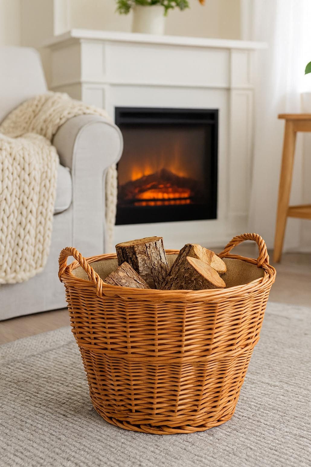 Kobolo Kaminholzkorb Holztrage rund gekochte Weide mit Leinenstoff günstig online kaufen