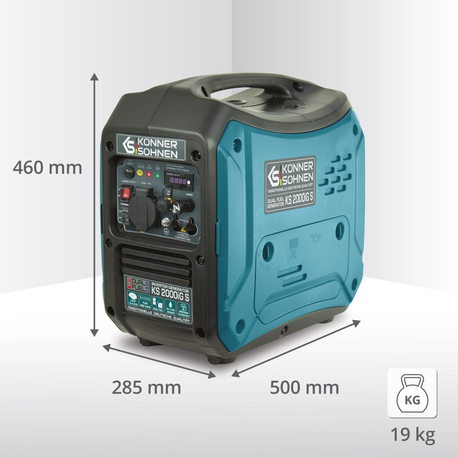 Könner & Söhnen KS 2000iG S generator, 2.00 kW, (Super quiet hybrid inverter (LPG/petrol), 1-piece, 2.0 kW, 62 dB(A), ECO mode for 50% fuel savings), Pure sine wave, 19 kg, Parallel connection, EURO V