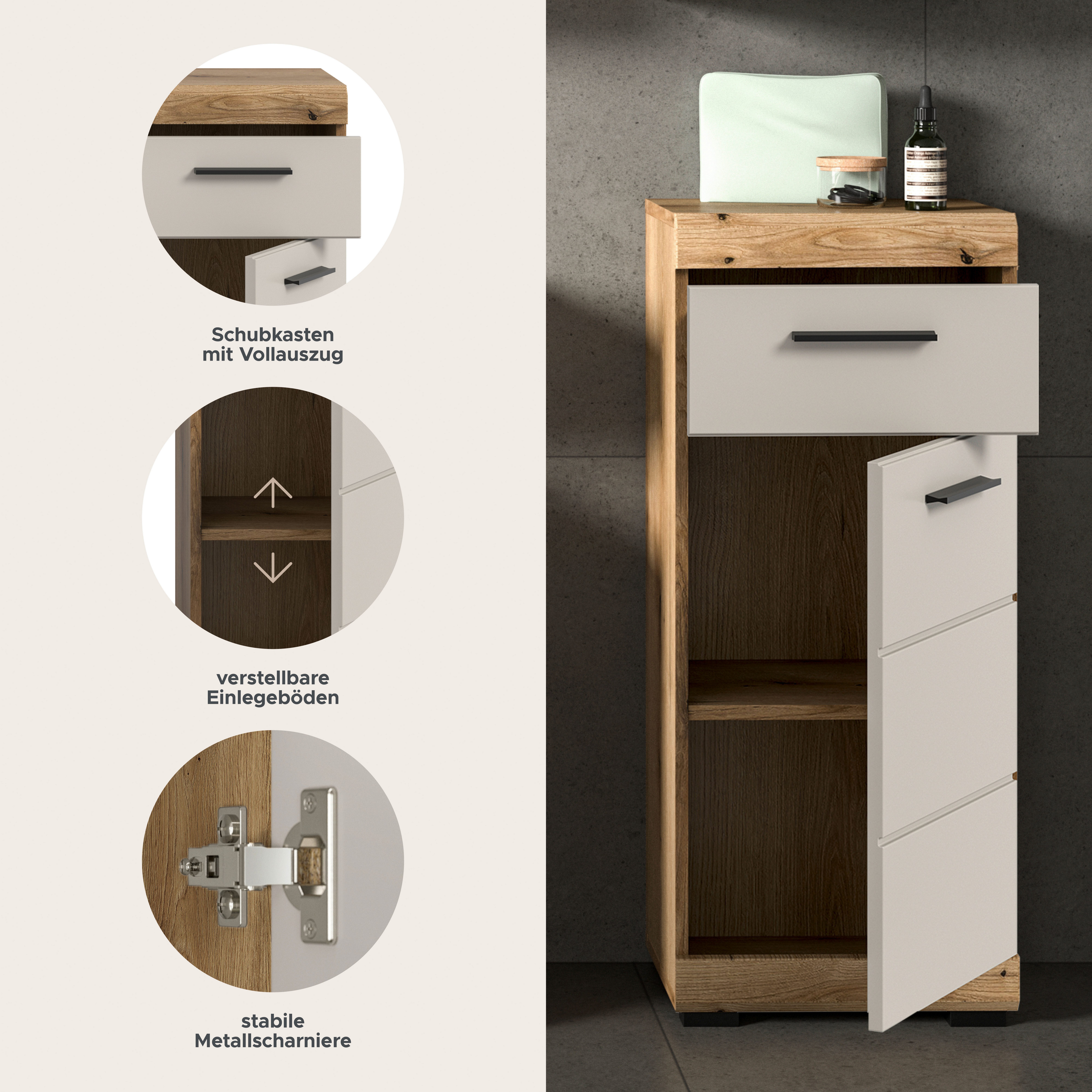 welltime Unterschrank SIENA, Breite 37cm, 1 Tür, 1 Schubkasten, 2 Fächer, MDF-Front (1-St., TOPSELLER)
