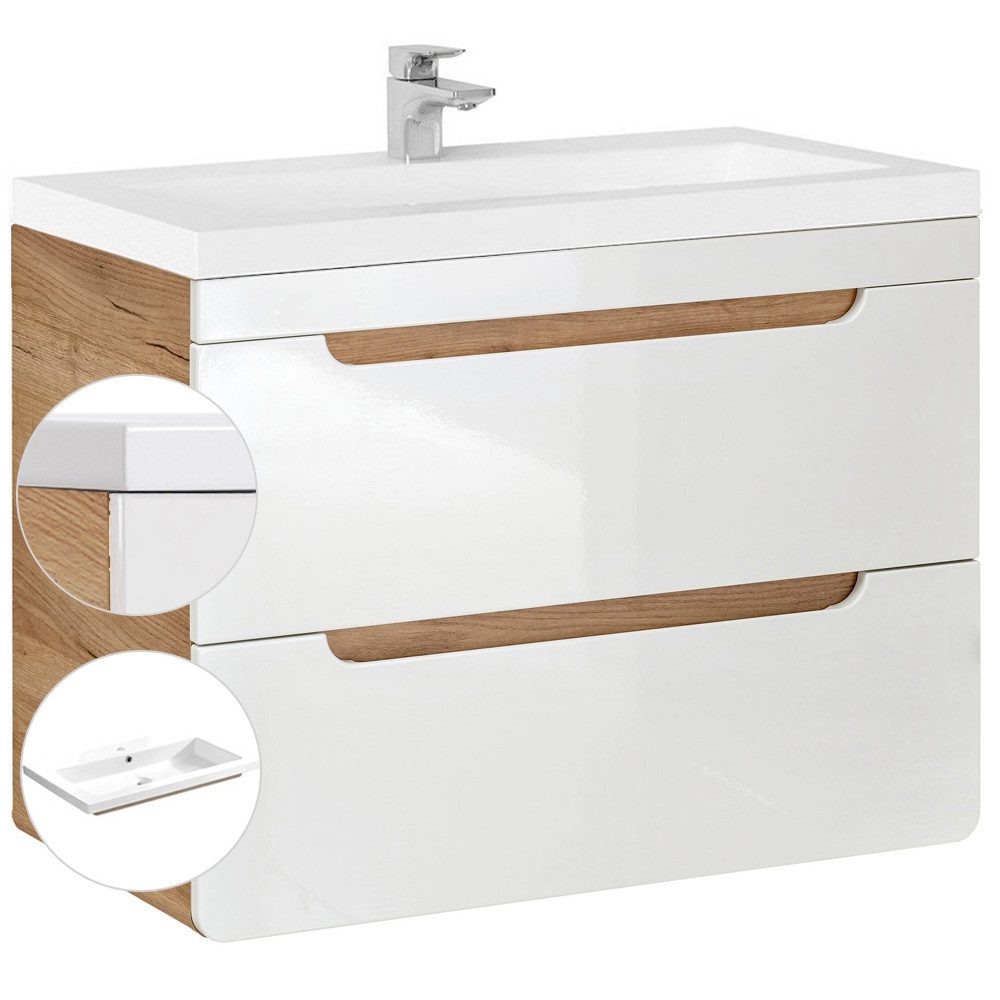 Lomadox Waschtisch LUTON-56, weiß mit Wotan Eiche Nb. 81/63/46 cm günstig online kaufen