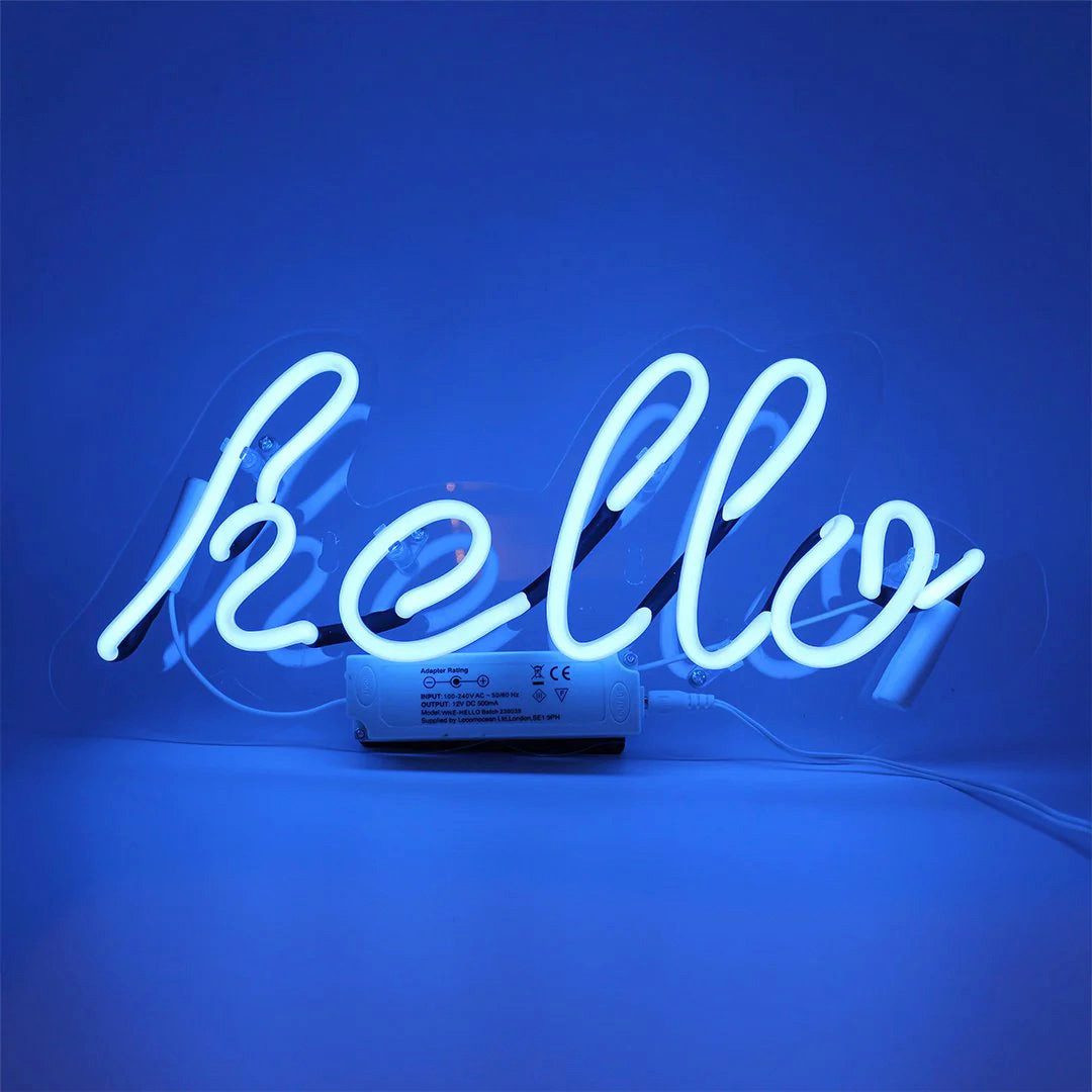 TOM NEON Dekolicht "Hello" Glas Wand Neon Schild Stimmungslicht Neonlampe, TOM NEON, Neonröhre, Blau, Gelb, Pink, Handgefertigt