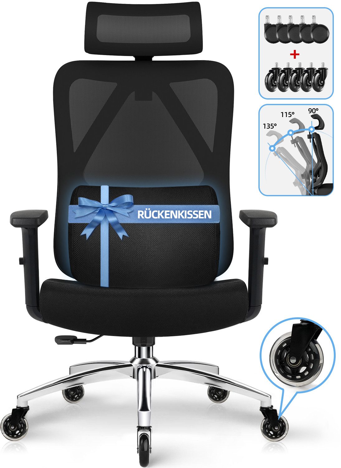 Lexzurn Bürostuhl Bürostuhl ergonomisch, Schreibtischstuhl 3D Memory-Schaum Lendenstütze (Wippfunktion bis 135°, Bis 200kg Belastar, Atmungsaktiv Mesh), Höhenverstellbarer Chefsessel Drehstuhl