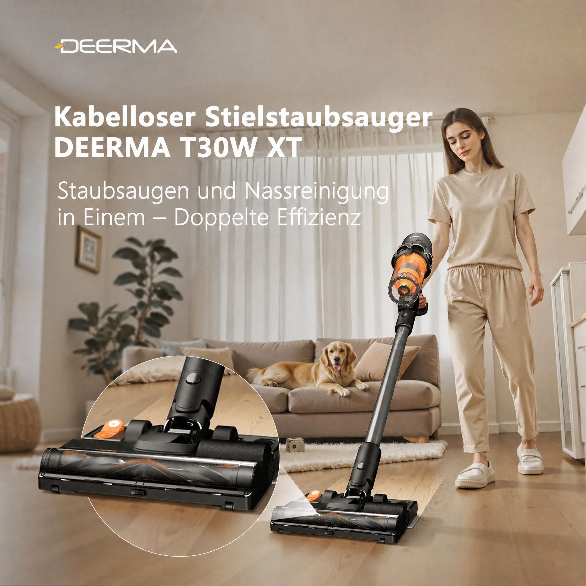 Deerma Akku-Hand-und Stielstaubsauger Akku Staubsauger Kabellos 45kPa 450W Handstaubsauger mit Wischfunktion, 450 W, beutellos, Tierhaarstaubsauger LED Display Grünlicht 60Min, für Fußböden Teppiche