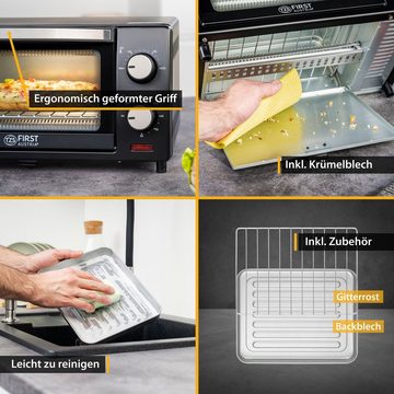 TZS FIRST AUSTRIA Minibackofen 10L Mini Backofen, 800W, bis 230 Grad, stufenlose Temperaturregelung, 60 Minuten Timer, 2 Einschubhöhen, Doppelglastür, Mini Ofen