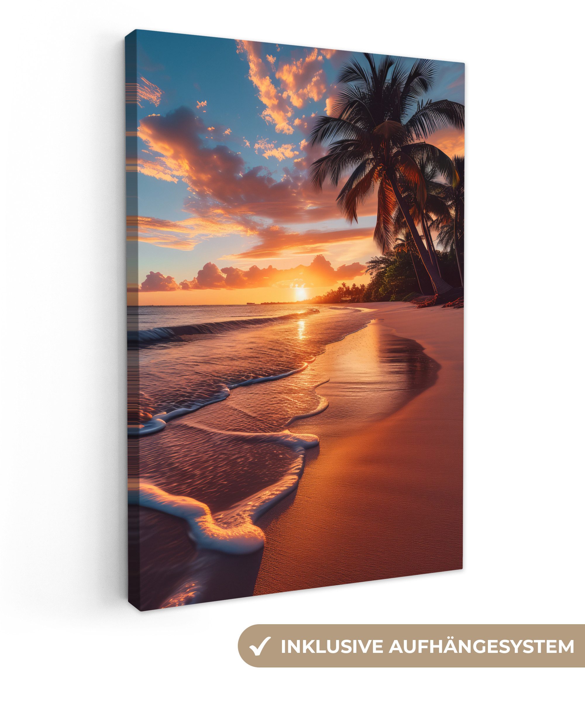 OneMillionCanvasses® Leinwandbild Sonnenuntergang - Palmen - Meer - Sonne - Strand, Fotodruck (1 St), Leinwand Canvas Wandbild, Wanddekoration 20x30 cm