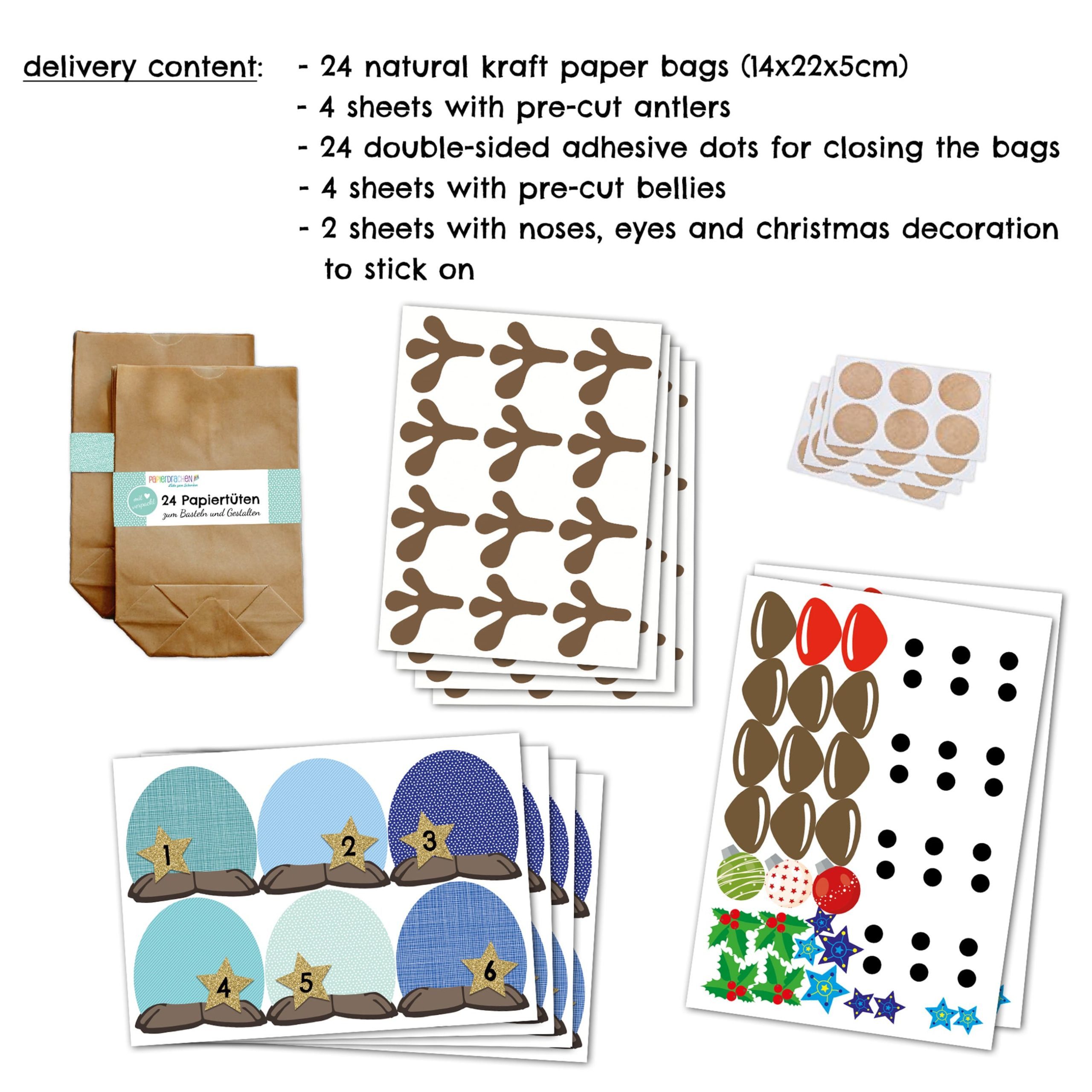 PAPIERDRACHEN befüllbarer Adventskalender Set RENTIERE mit Papiertüten, Zahlenaufklebern, Bäuche/Augen etc., 4 verschiedene Farb-Varianten