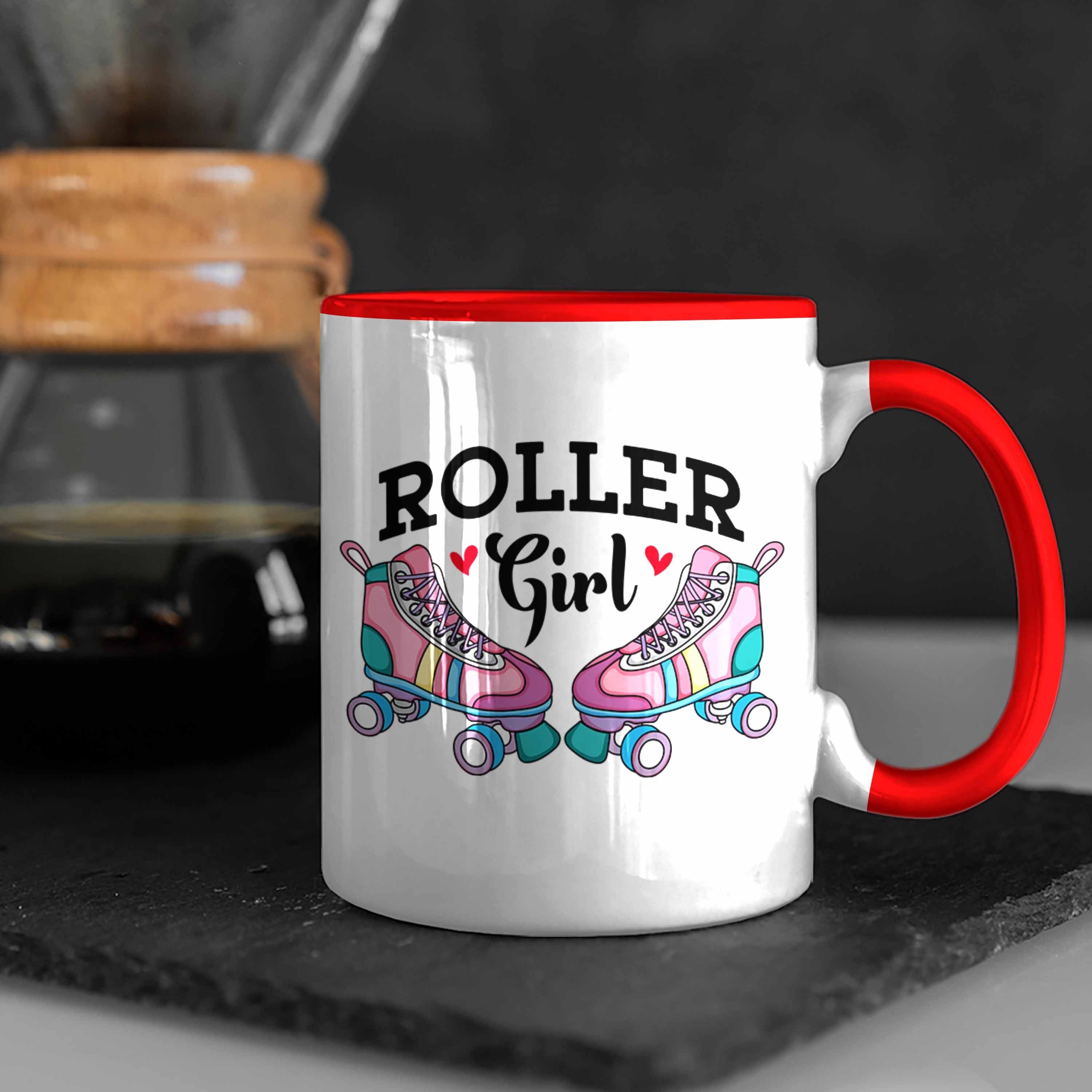 Trendation Tasse "Roller Girls für Nostalgie Rollschuh Rot 80er Girl" Geschenk Tasse Roller