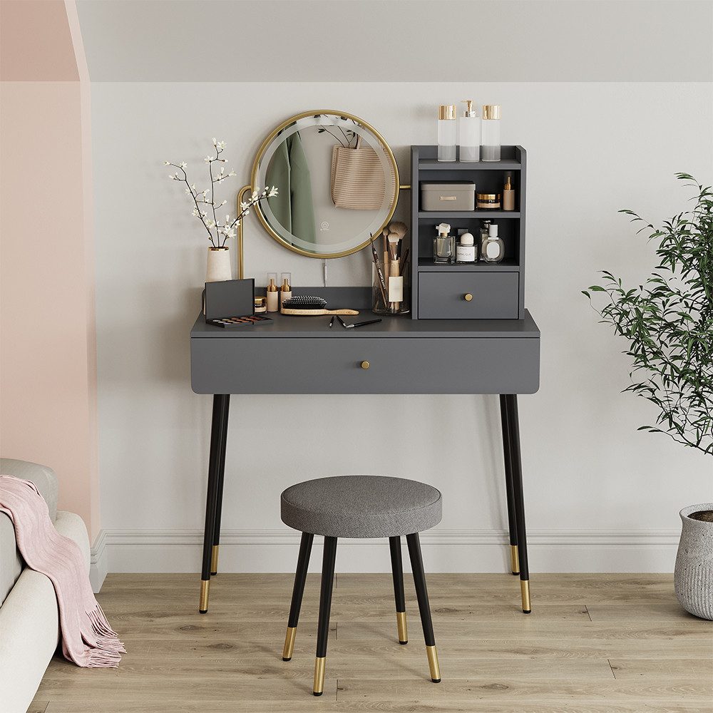 Vicco Schminktisch Mirela, Grau, 90 cm mit LED-Spiegel und Hocker günstig online kaufen