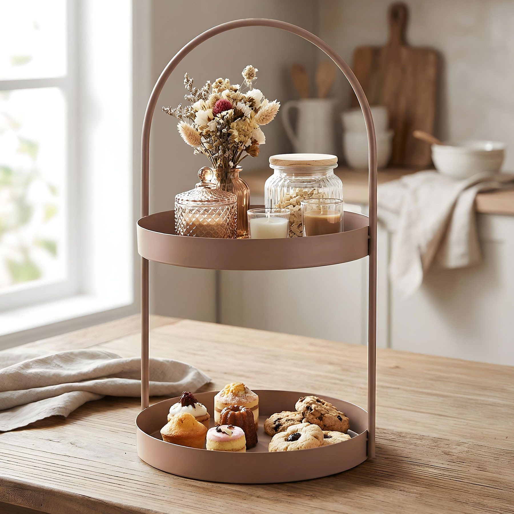Levandeo® Etagere, Etagere Metall 2 Etagen H45cm Beige Braun Matt Servierplatte Muffin