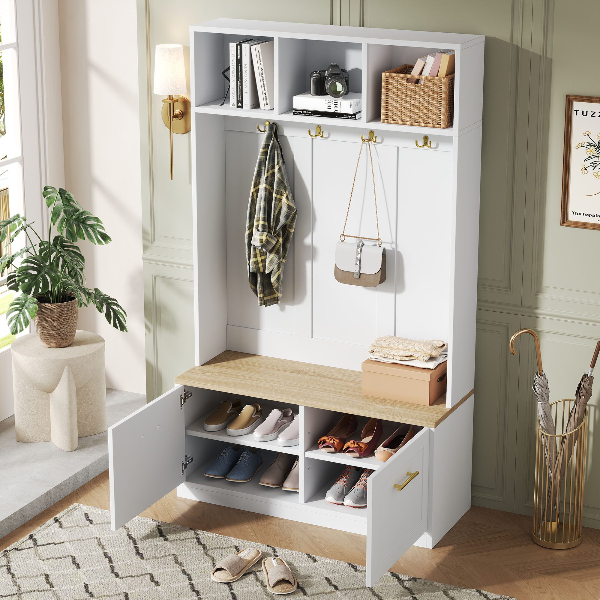 Flieks Garderoben-Set mit Shuhschrank, Sitzbank, offenen Fächern und Kleiderhaken, (1-St., B105xT40×H180 cm), Kompaktgarderobe Flurmöbel mit Schuhbank Ablagefächer Weiß&Natur