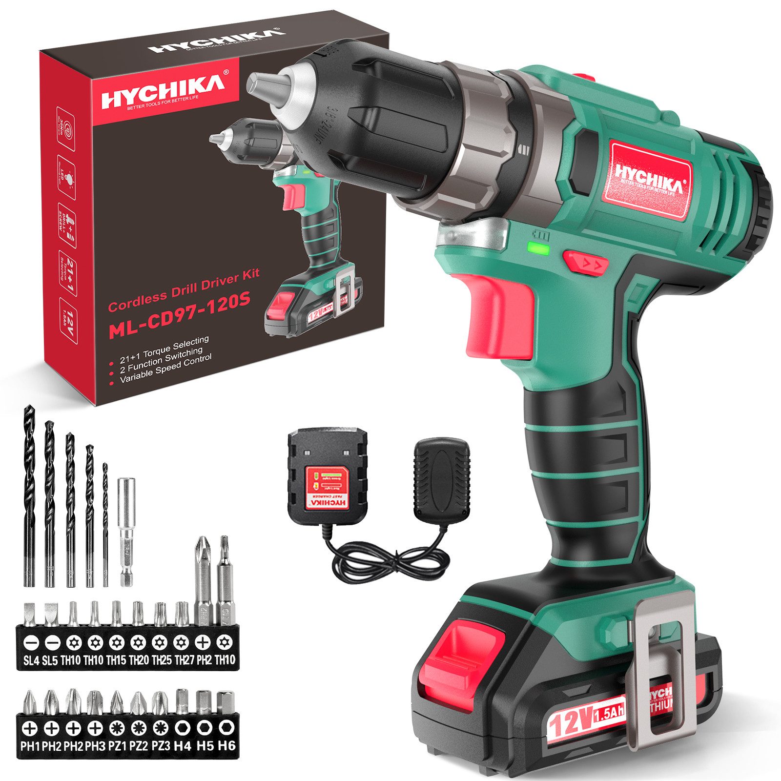 HYCHIKA BETTER TOOLS FOR BETTER LIFE Akku-Bohrschrauber Akku-Bohrschrauber 12V 30Nm Max mit 1x1,5Ah Akku