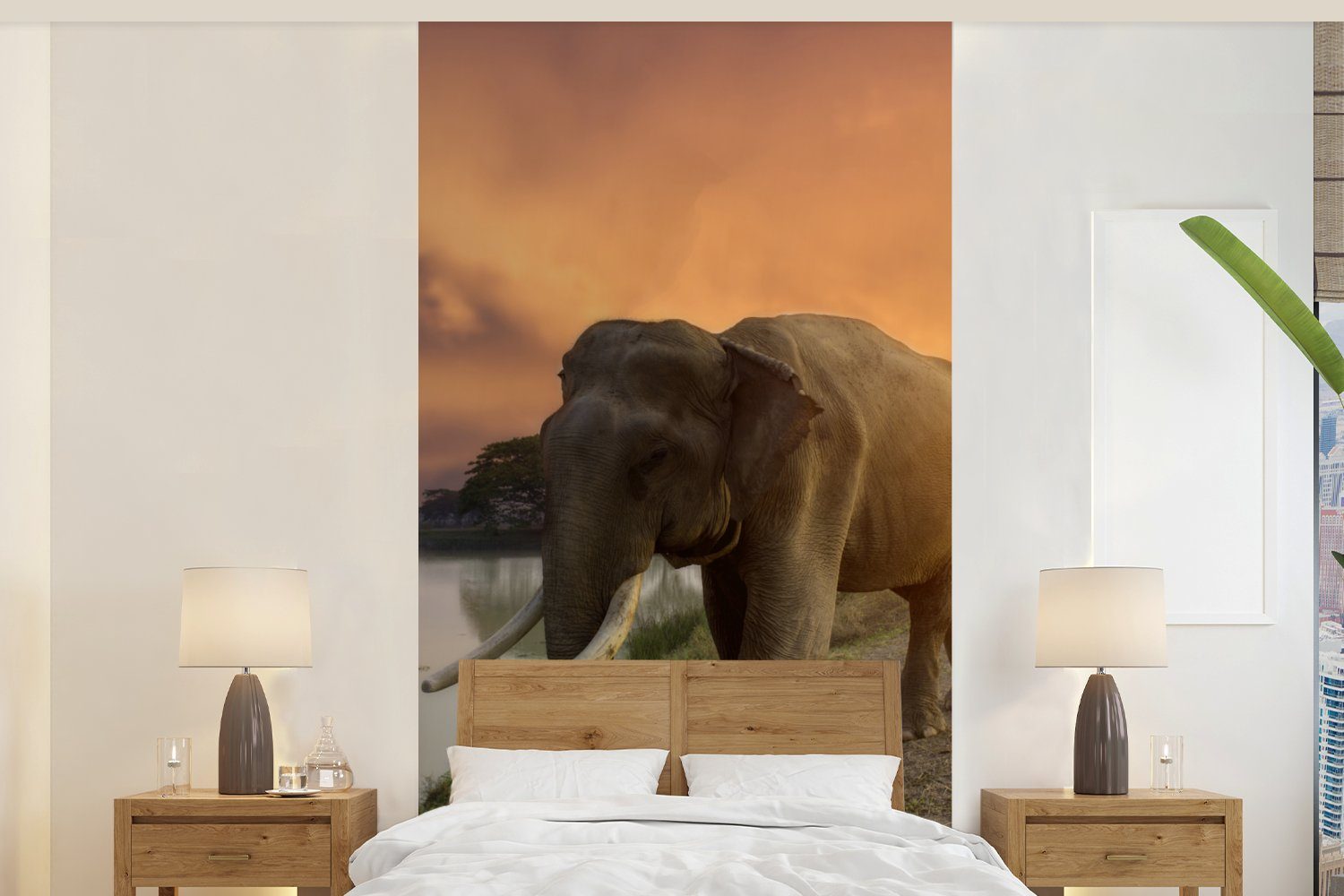 MuchoWow Fototapete Elefant - Wasser - Tiere - Sonnenuntergang - Natur, Matt, bedruckt, (2 St), Vliestapete für Wohnzimmer Schlafzimmer Küche, Fototapete