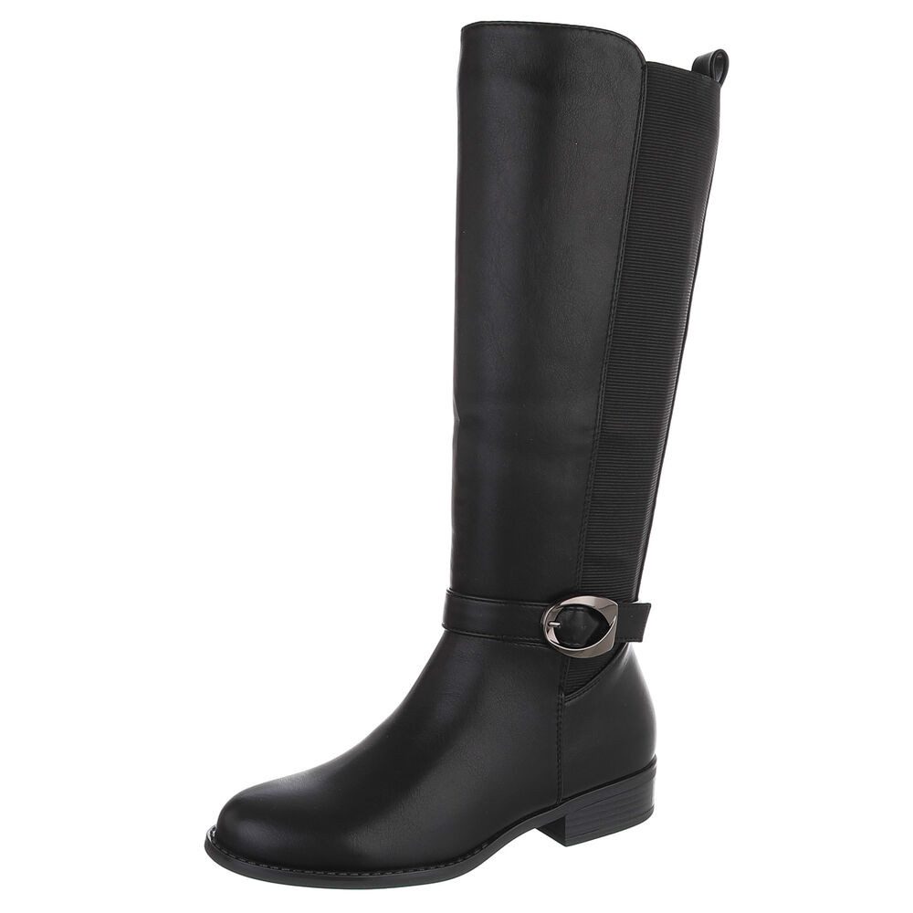 Ital-Design Damen Langschaftstiefel mit Schnallen-Detail Stiefel (92125550) Blockabsatz Flache Stiefel in Schwarz