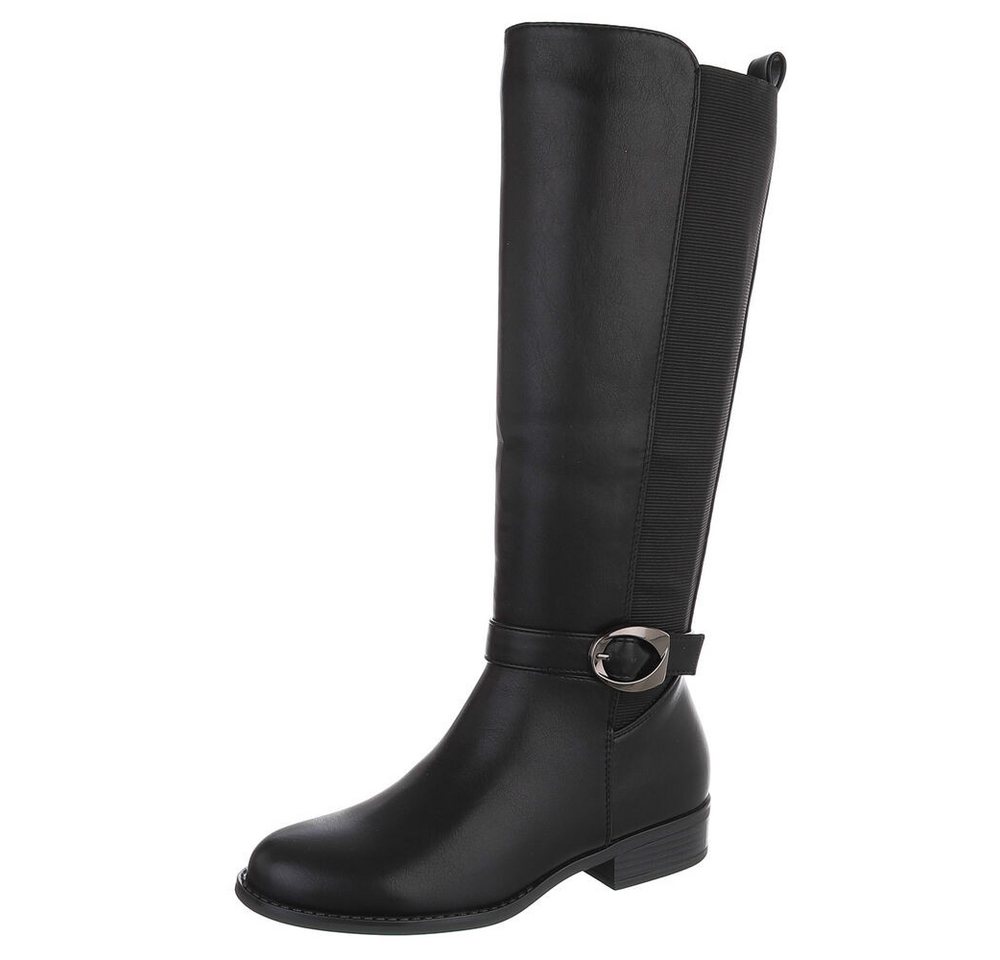 Ital-Design Damen Langschaftstiefel mit Schnallen-Detail Stiefel (92125553) Blockabsatz Flache Stiefel in Schwarz
