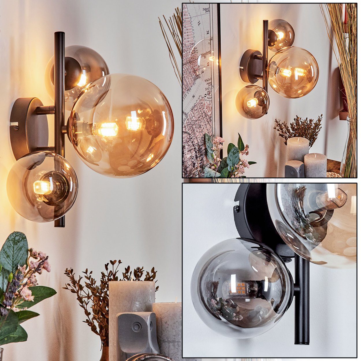 hofstein Wandleuchte Wandlampe aus Metall/Glas in Schwarz/Rauchfarben/Bernstein, ohne Leuchtmittel, Leuchte, Glasschirm, An/-Auschalter, 3xG9, ohne Leuchtmittel