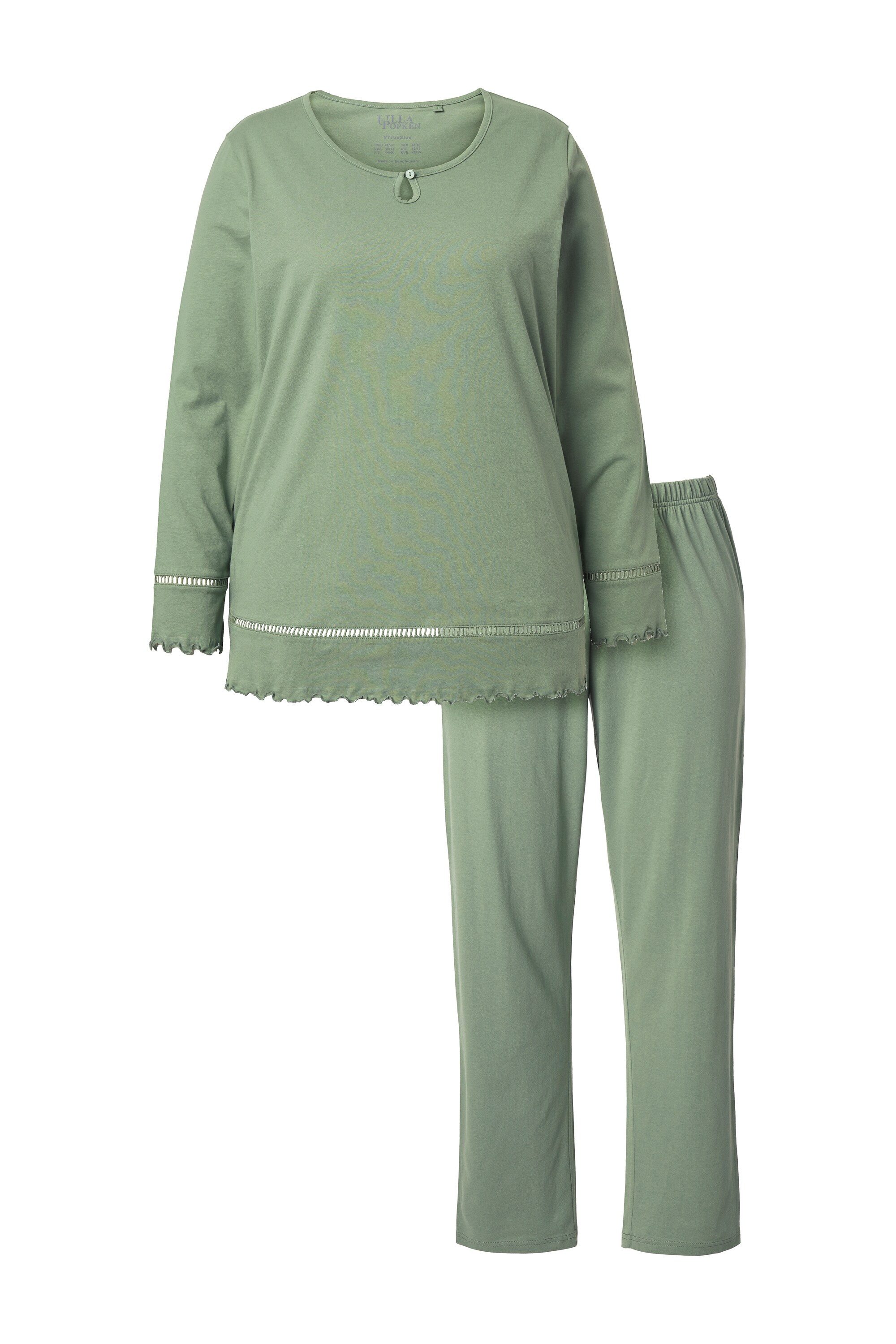 Ulla Popken Pyjama Pyjama Hohlsaum Wellenkanten Rundhals Langarm günstig online kaufen