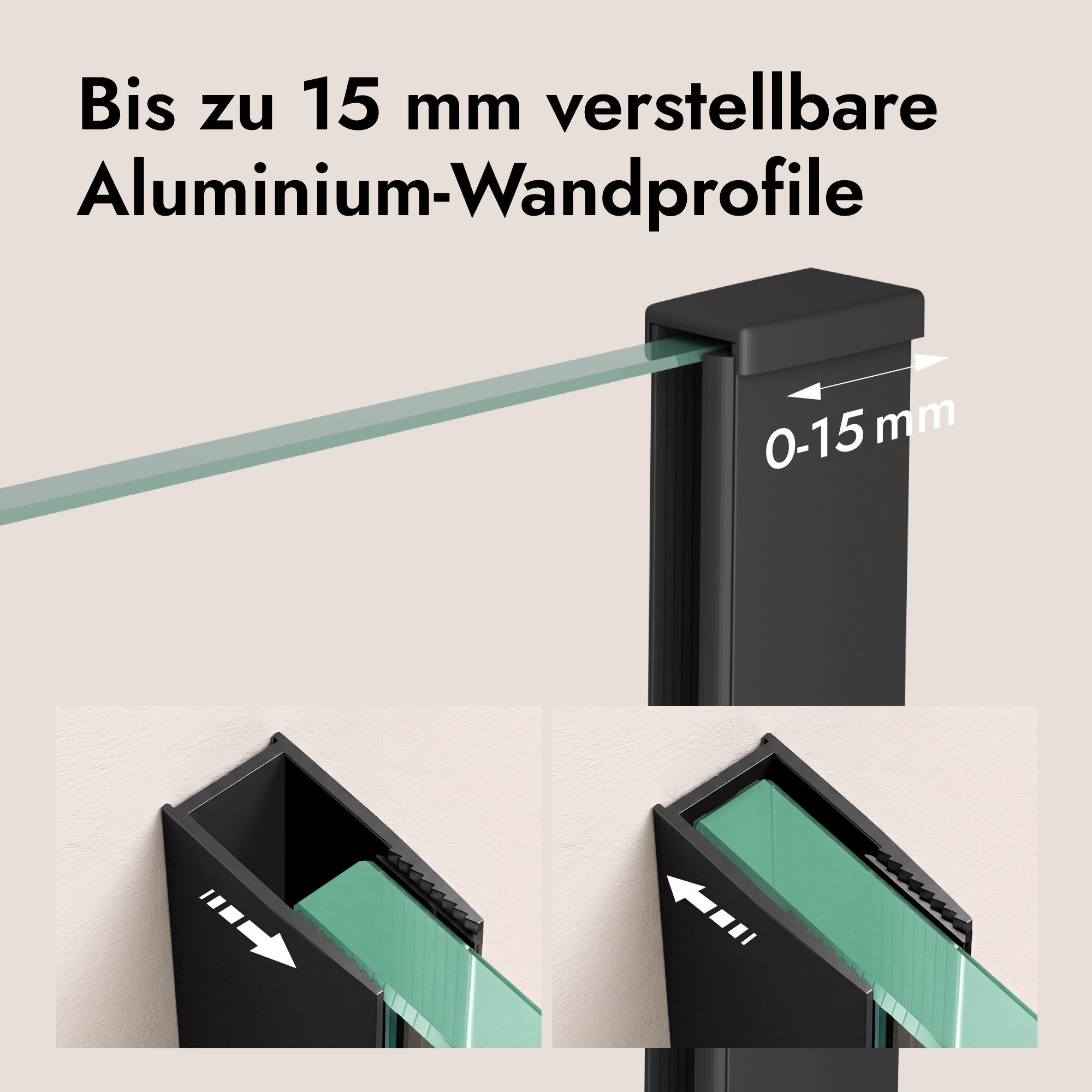 doporro Duschwand Duschwand Duschabtrennung in schwarz Profil mit Nano 8/10mm ESG Bremen, Einscheibensicherheitsglas – Bild 3 von 5