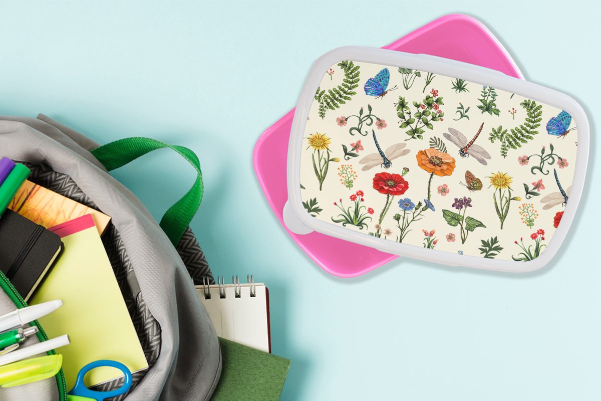 - Sommer rosa Insekten (2-tlg), Kunststoff, Kunststoff - - Brotdose Mädchen, Muster, - Snackbox, MuchoWow Lunchbox Regenbogen Blumen Kinder, Erwachsene, für Brotbox