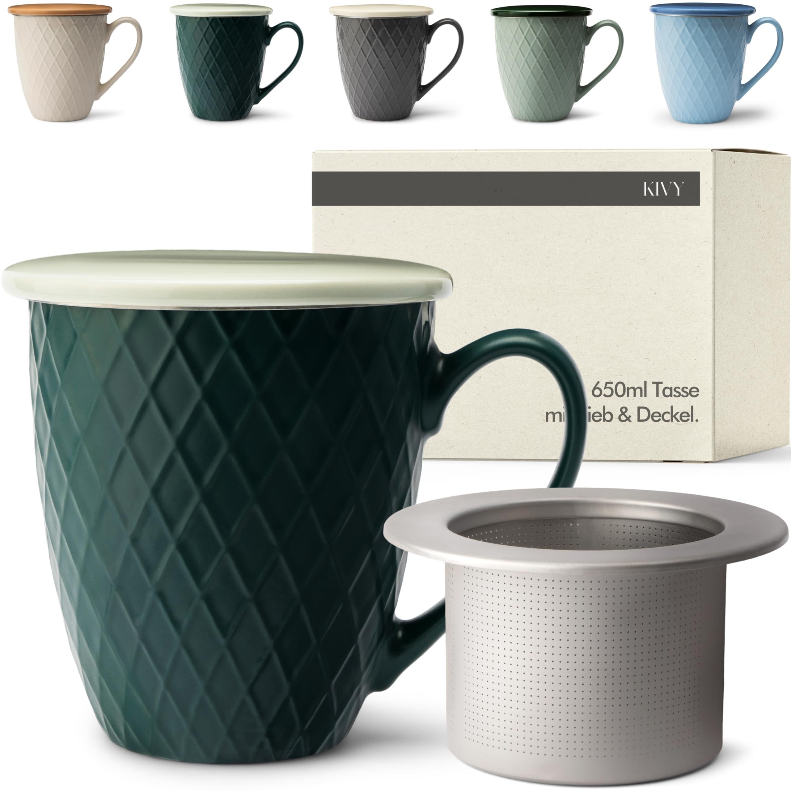 KIVY Tasse, Große Teetasse mit Deckel und Sieb [650ml] XXL, Keramik Porzellan, Tee Tasse mit Deckel