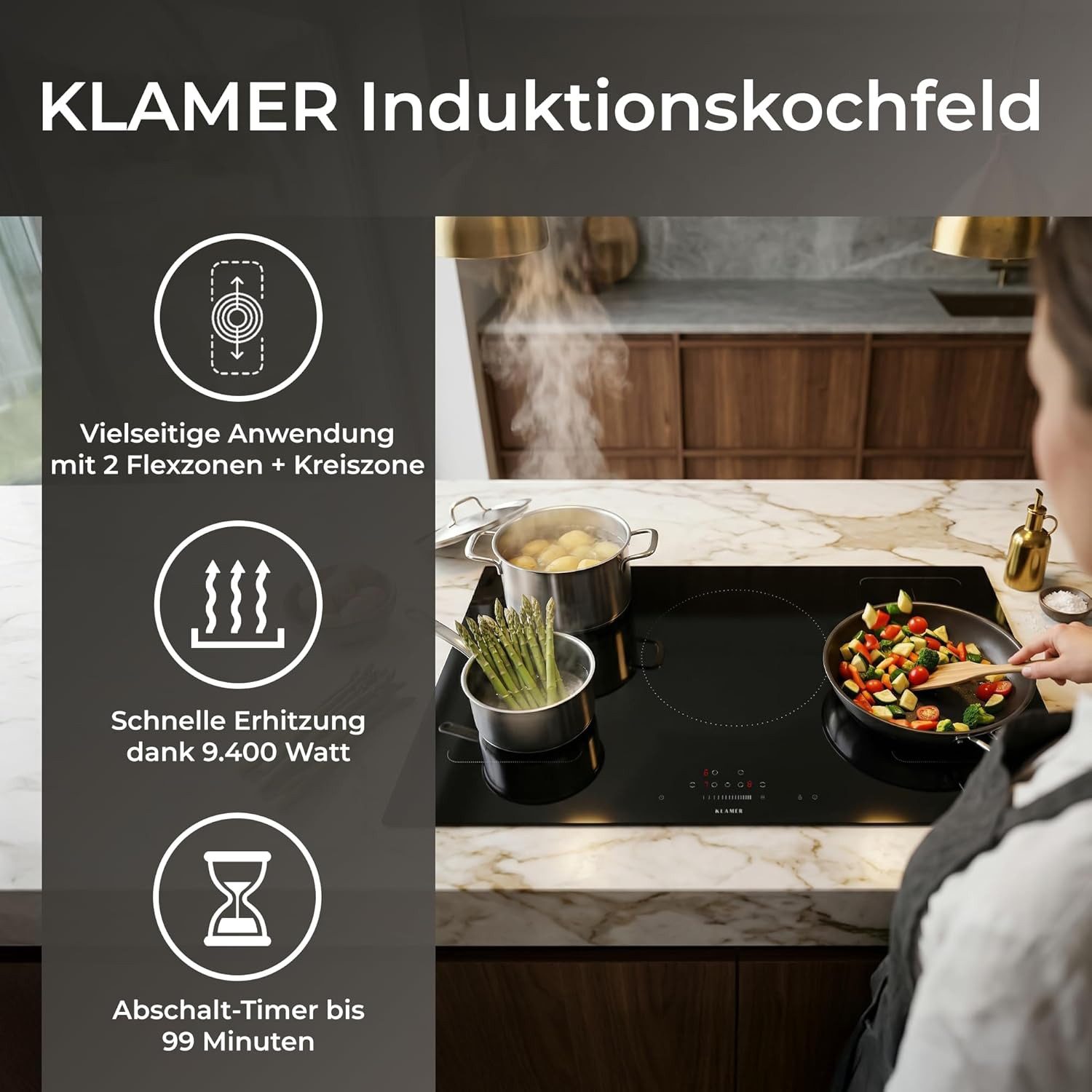 KLAMER Flex-Induktions-Kochfeld 90 cm, 4 Zonen mit 2 Flexzonen & Rundzone, 9400 Watt, Boost Funktion, 9 Leistungsstufen, Timer 99 min, Kindersicherung, Kratzfeste Glasoberfläche, Flexzone-Funktion, Sicherheitsfeatures, Leistungsstarke Technologie