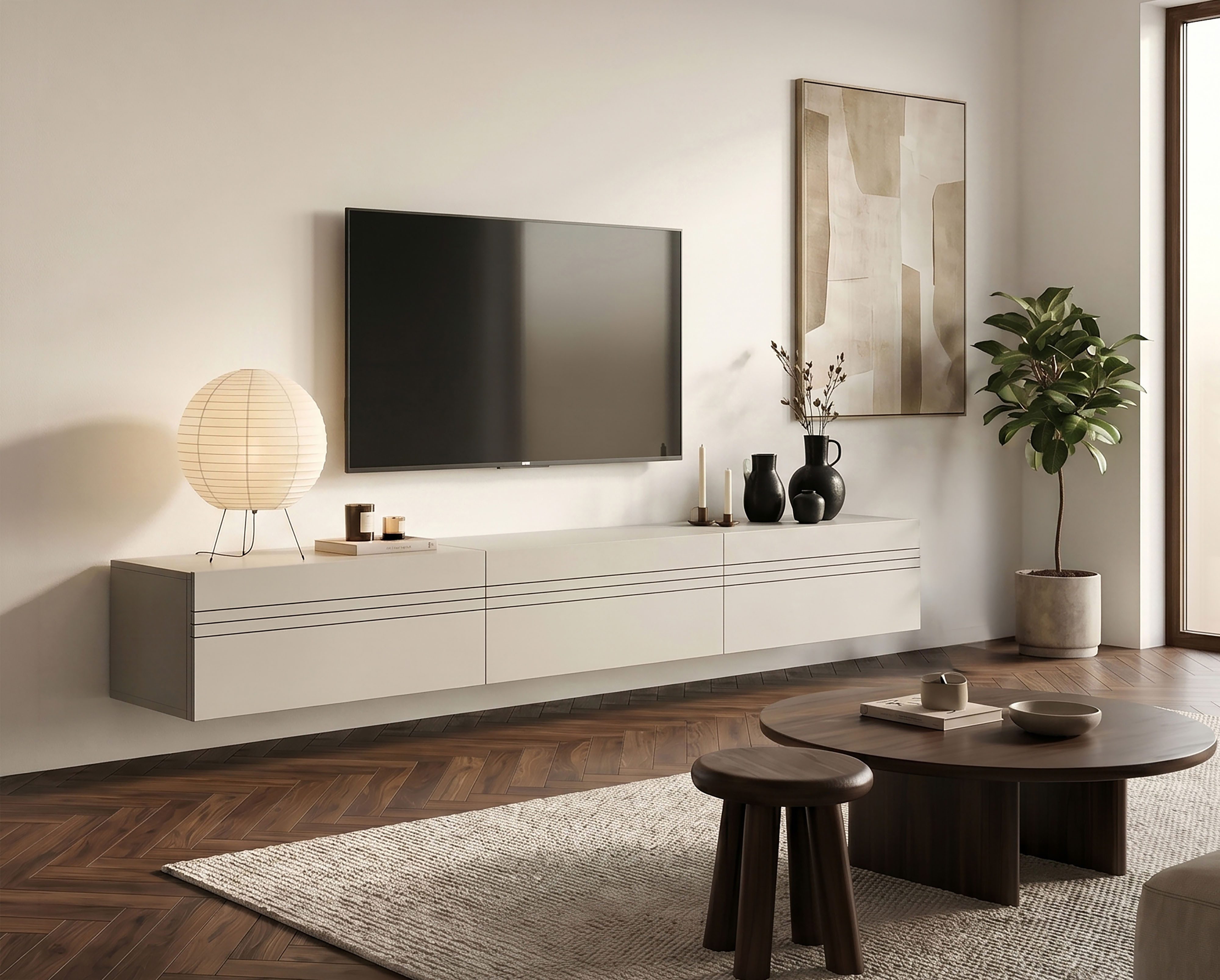 OTTO home Lowboard SPIAGGIA, 3-teiliges Set, Breite 270cm, stehend & hängend montierbar (Grifflose Fronten mit Gasdruckfeder, Fronten mit horizontaler Fräsung), TV-Möbel, TV-Schrank, TV-Lowboard, Mediaboard