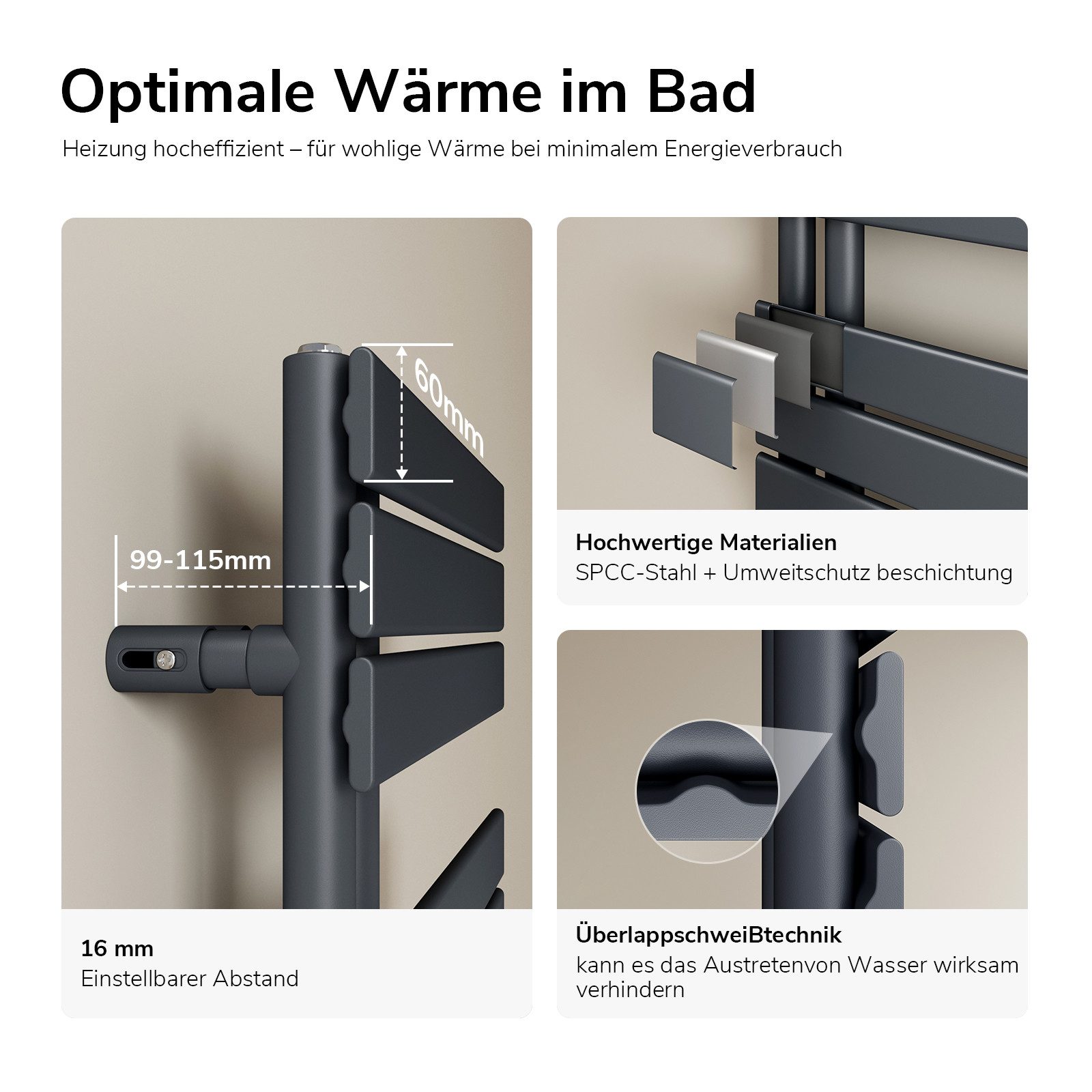 EMKE Elektrischer Badheizkörper WIFI App Steuerung Intelligenter Thermostat Aktualisierte Version, Anthrazit 4 Heizmodi, IPX4, Kindersicherung 400W~1000W