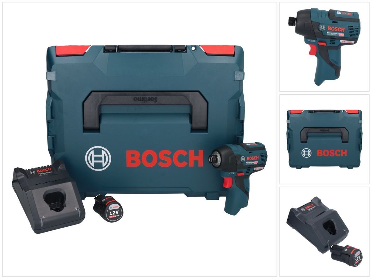 Bosch Professional Akku-Schlagschrauber + Professional GDR 12 12V-110 Akku Ah 110 Drehschlagschrauber + 1x Bosch L-Boxx 1/4" V Brushless + 3,0 Akku Nm Ladegerät