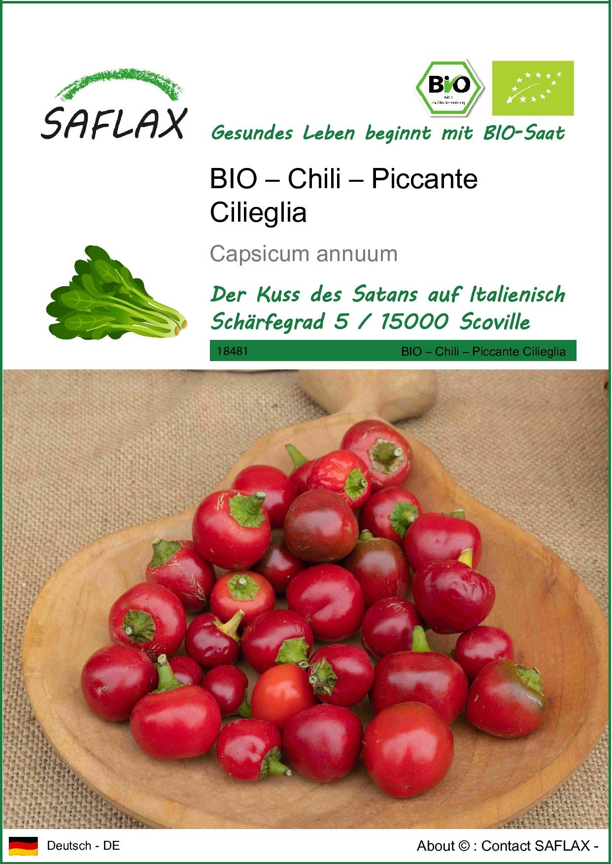 Gemüsesamen SAFLAX - Samen - BIO – Chili – Piccante Cilieglia