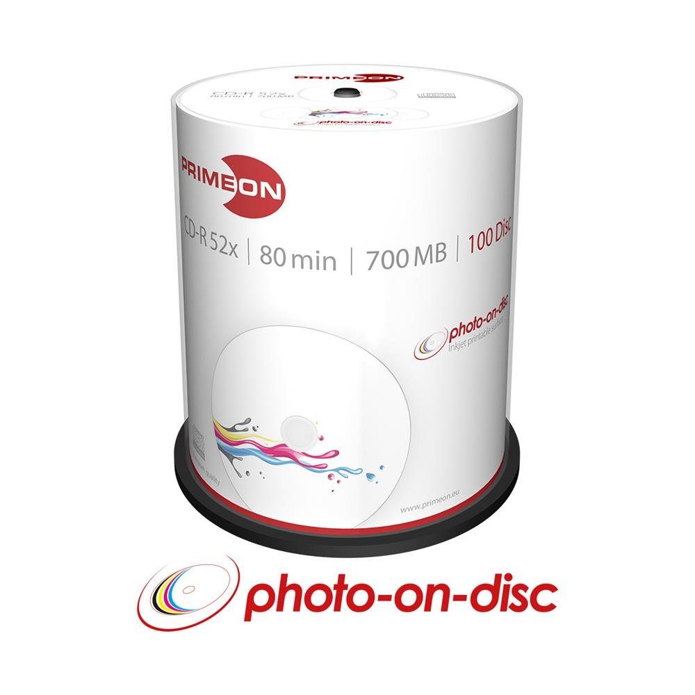 PRIMEON CD-Rohling 2761105 CD-R Rohlinge Inkjet Printable, 100 Stück, 80 Min / 700 MB, 52x SPEED, photo-on-disc Beschichtung, Cakebox 100er Spindel